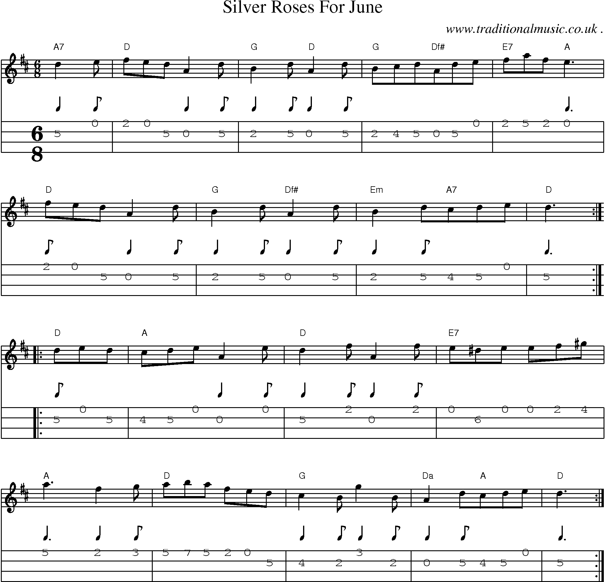 Sheet-Music and Mandolin Tabs for Silver Roses For June