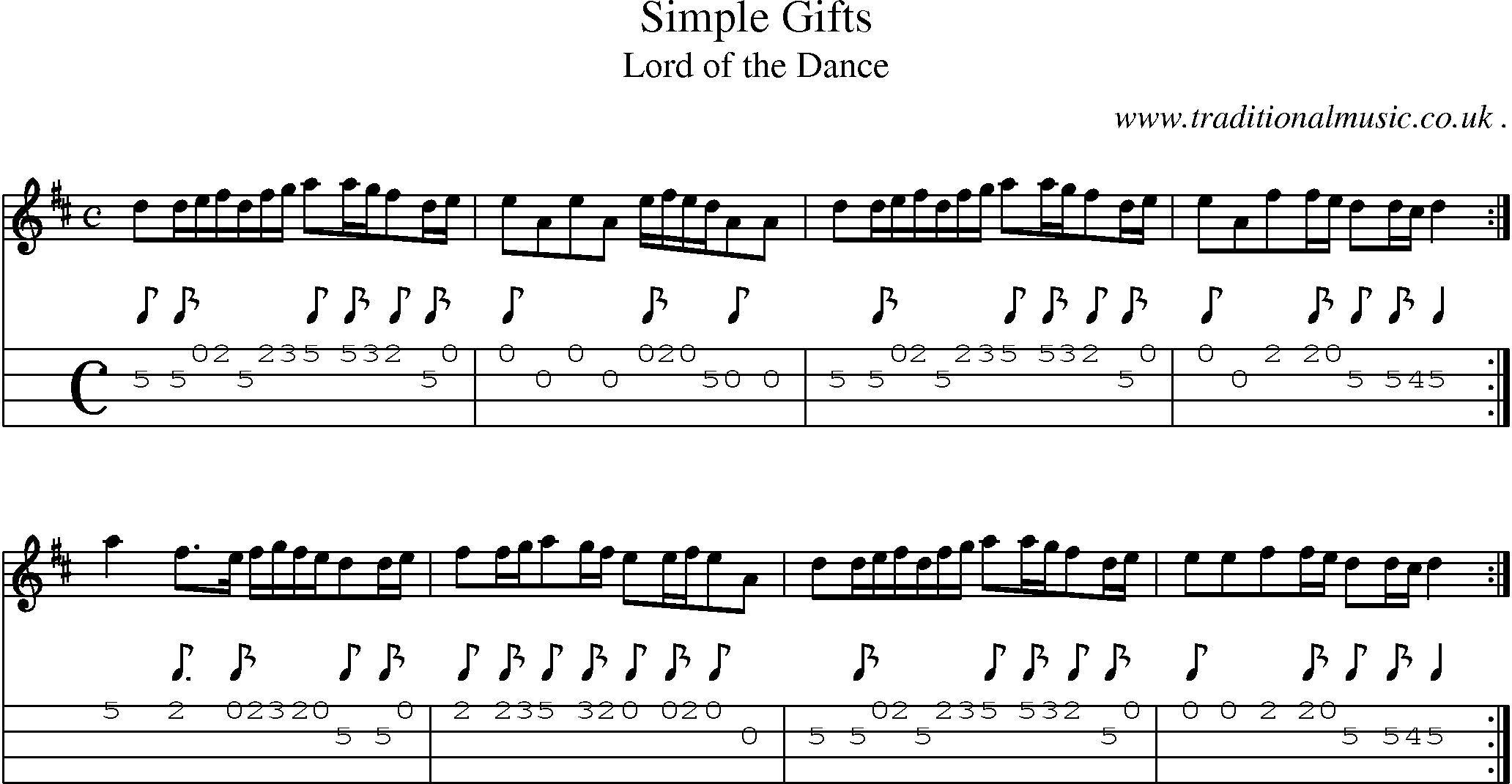 Sheet-Music and Mandolin Tabs for Simple Gifts