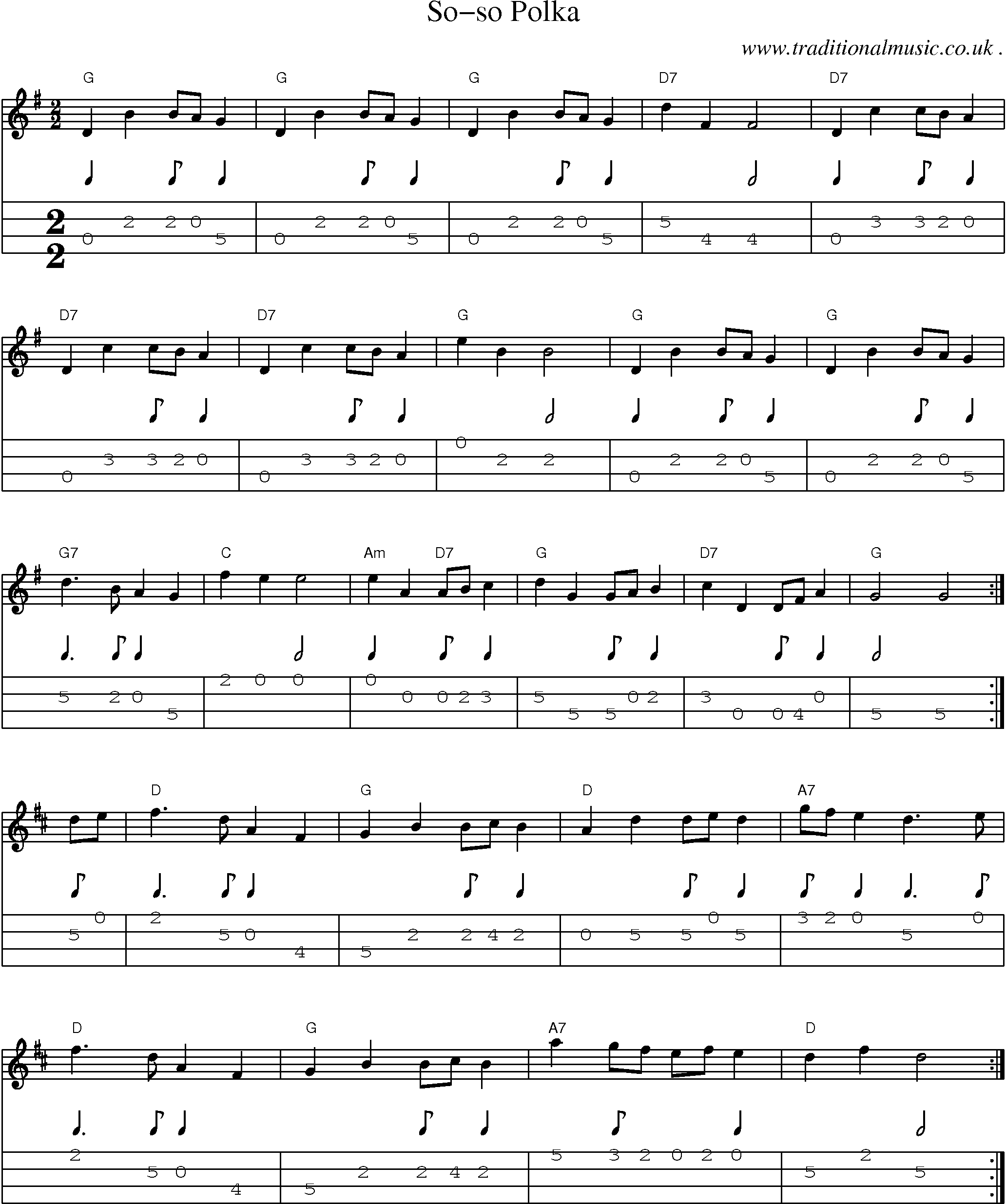 Sheet-Music and Mandolin Tabs for So-so Polka