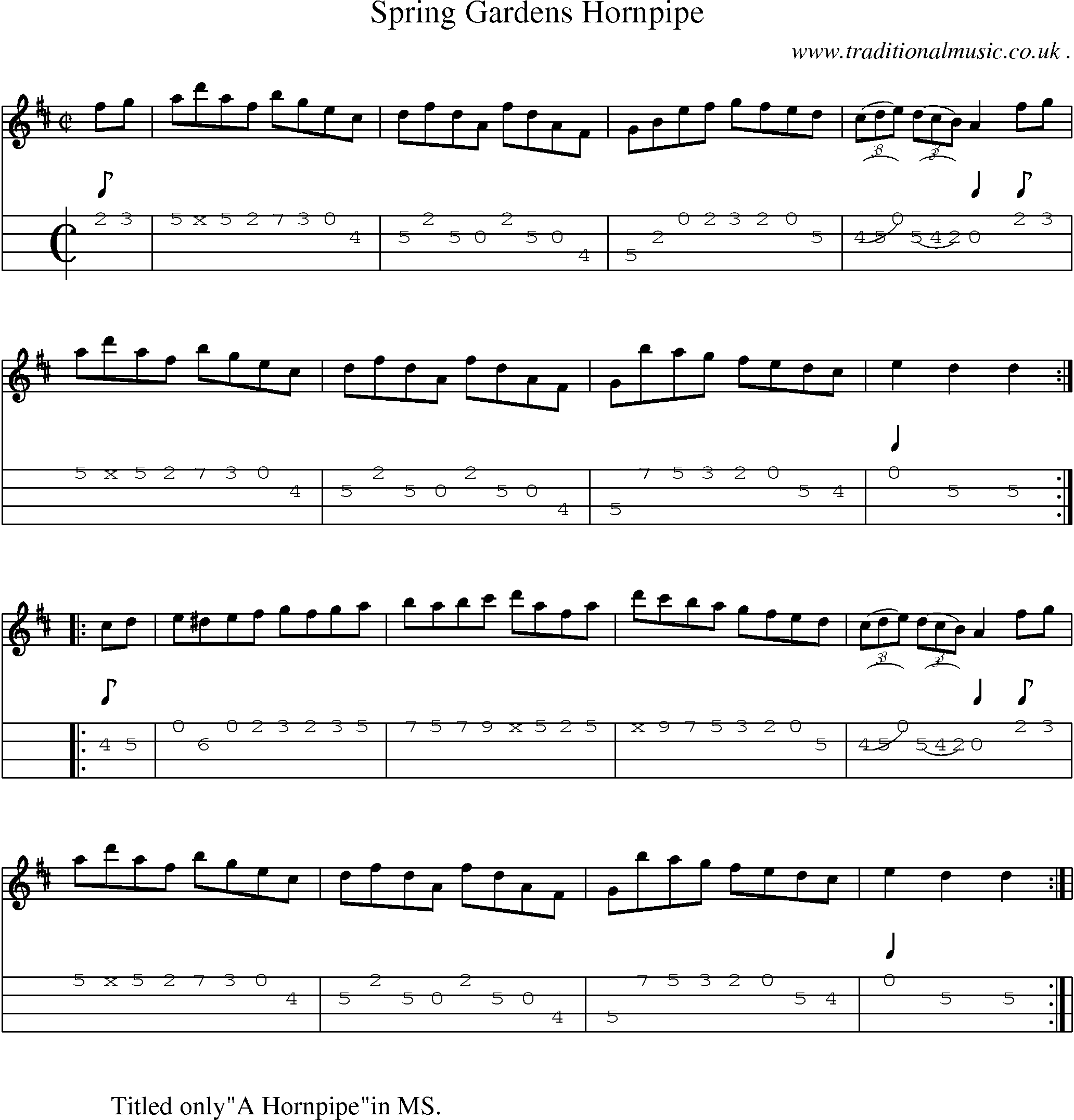 Sheet-Music and Mandolin Tabs for Spring Gardens Hornpipe 