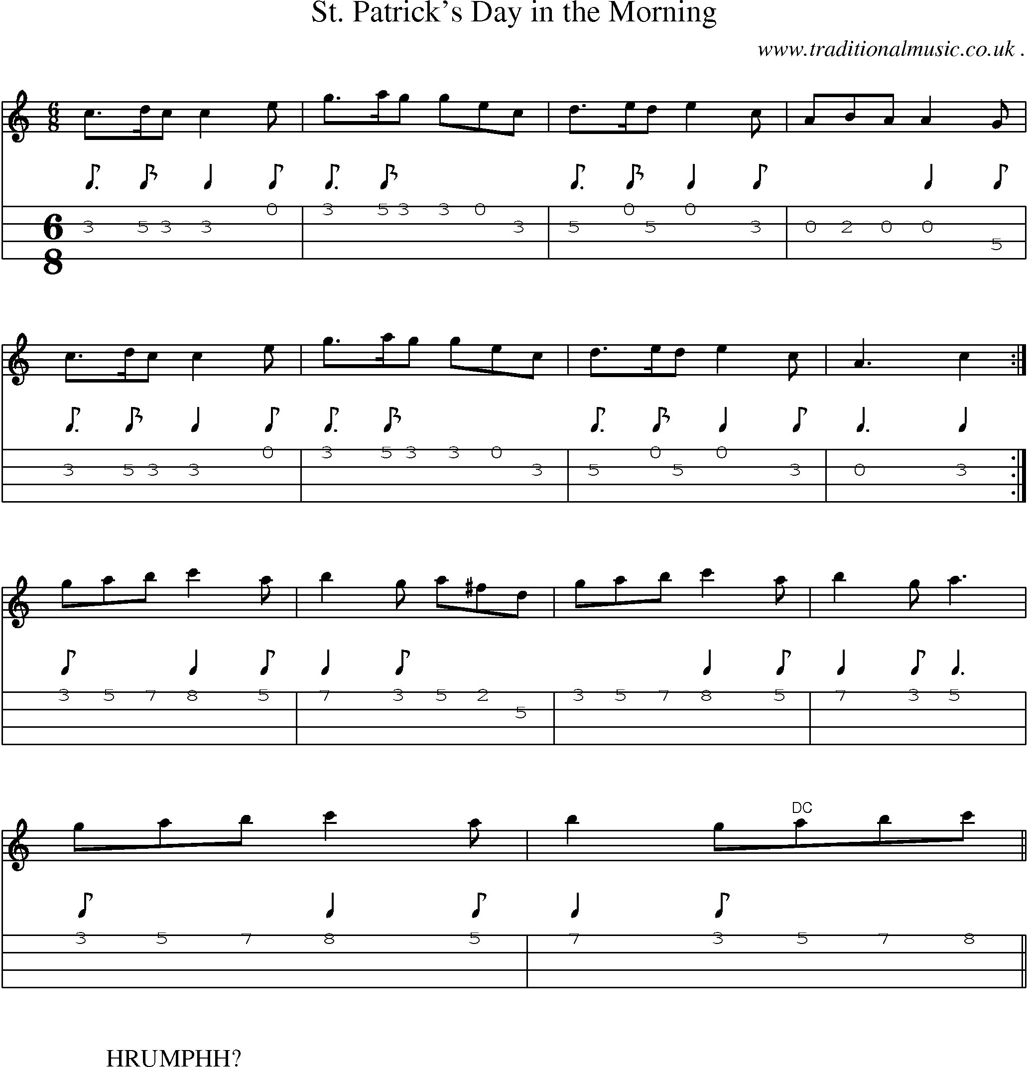 Sheet-Music and Mandolin Tabs for St Patrick Day In The Morning