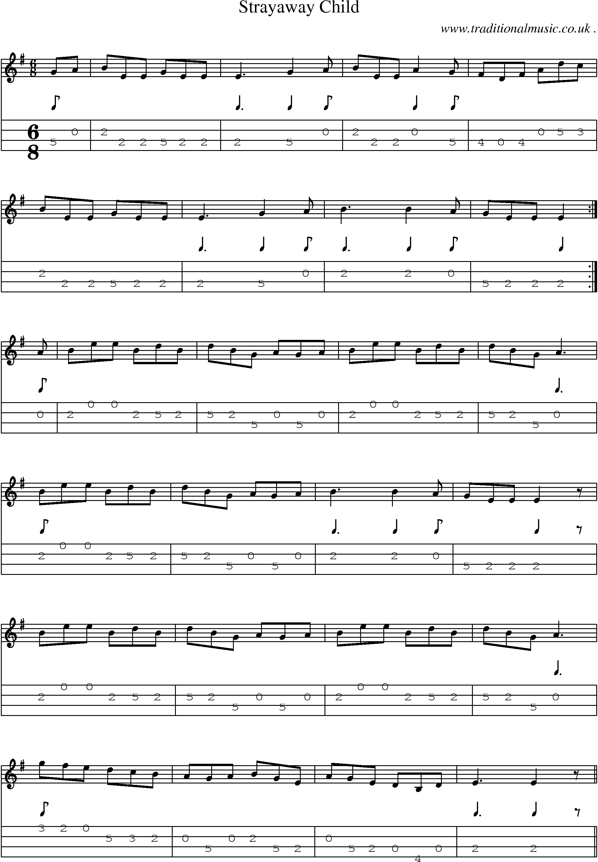Sheet-Music and Mandolin Tabs for Strayaway Child