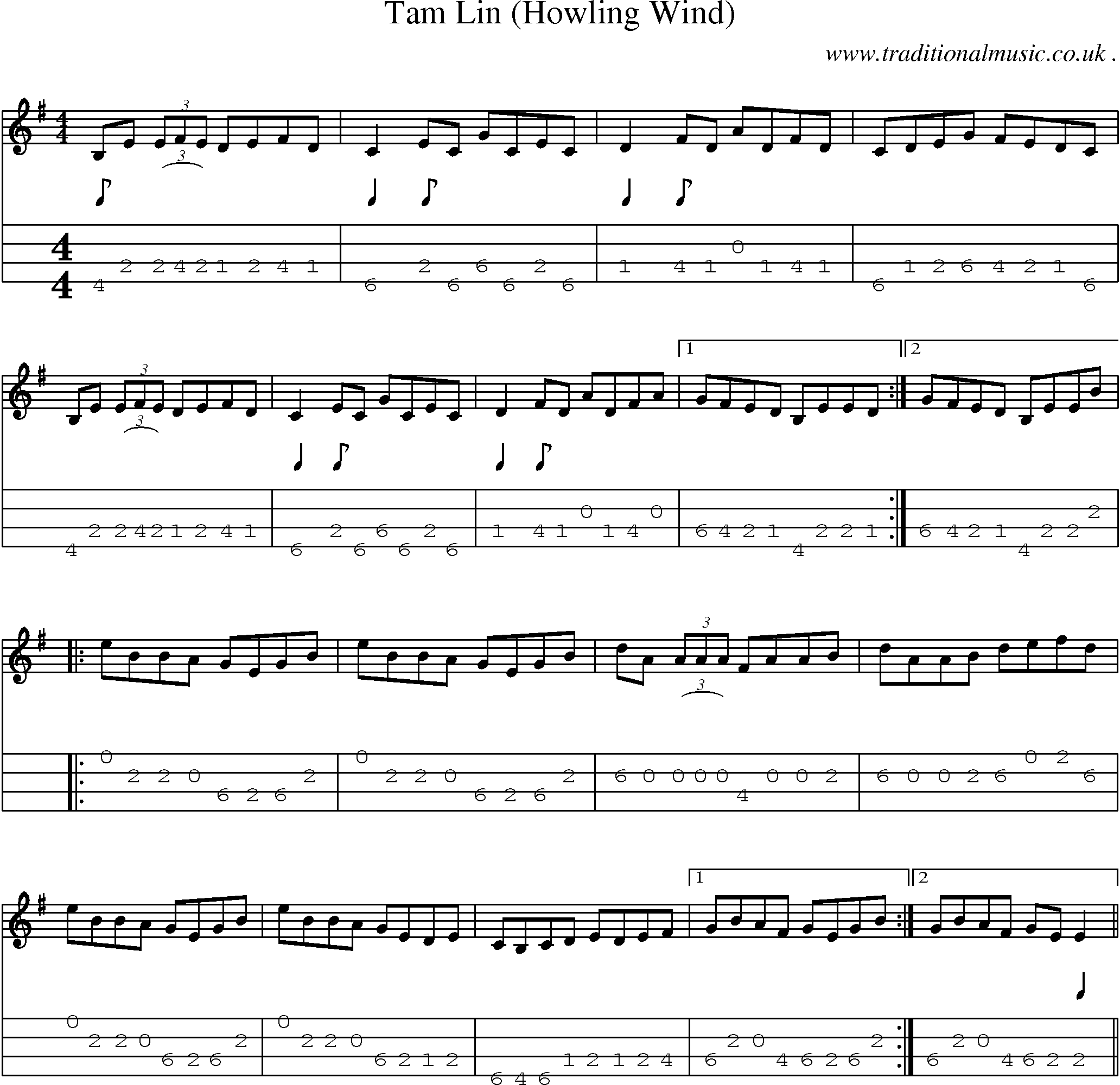 Sheet-Music and Mandolin Tabs for Tam Lin (howling Wind)