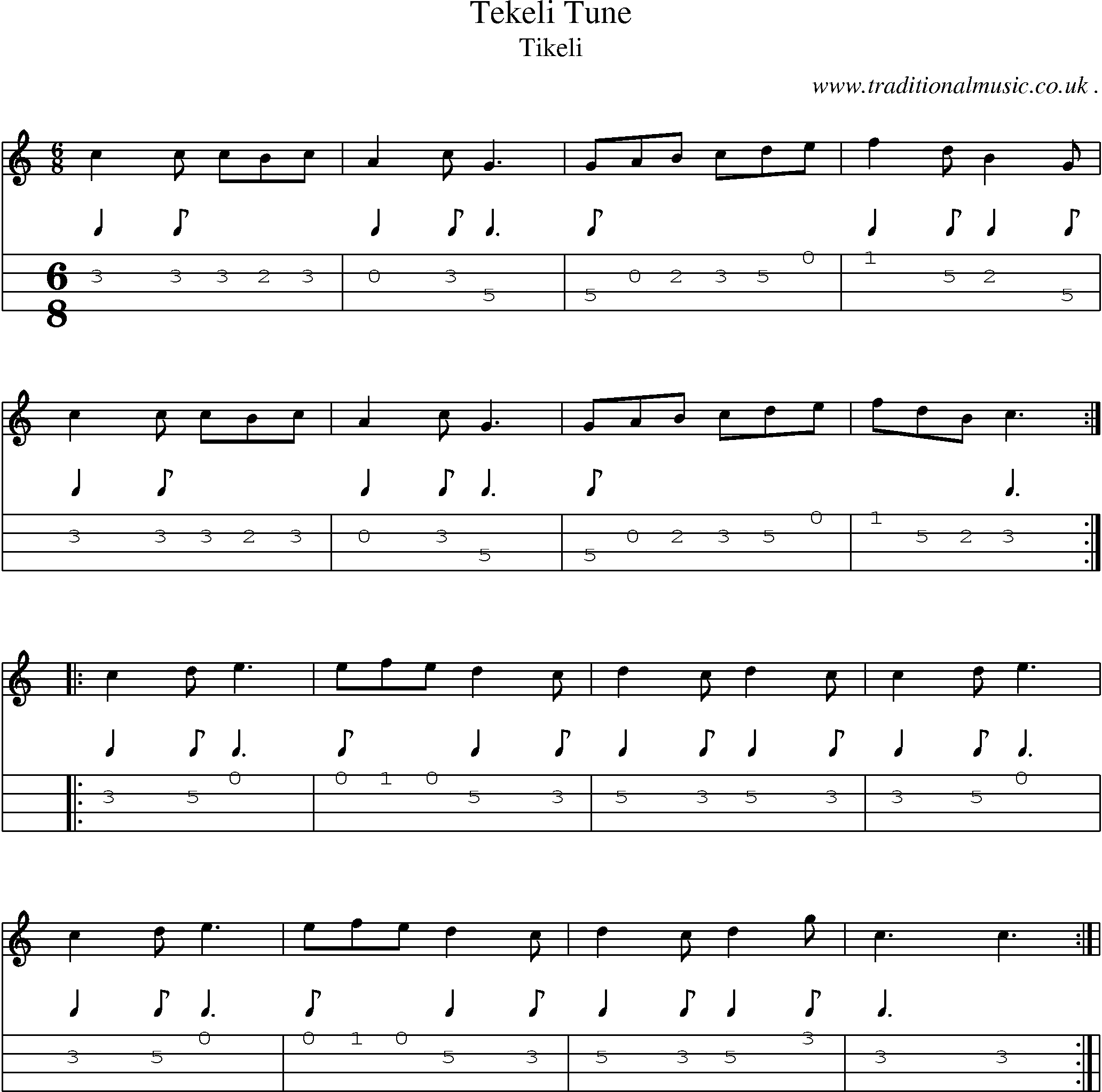 Sheet-Music and Mandolin Tabs for Tekeli Tune