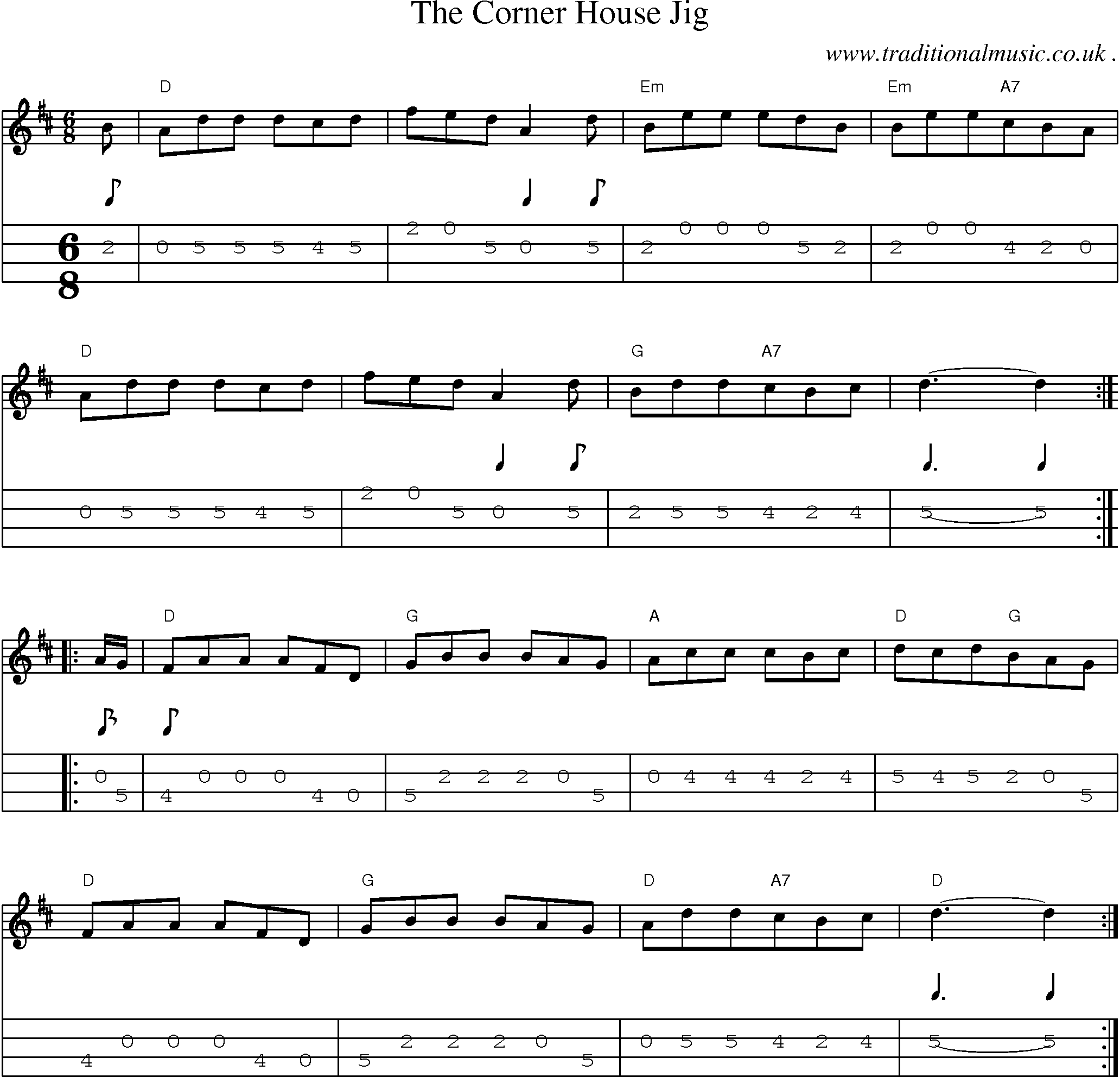 Sheet-Music and Mandolin Tabs for The Corner House Jig