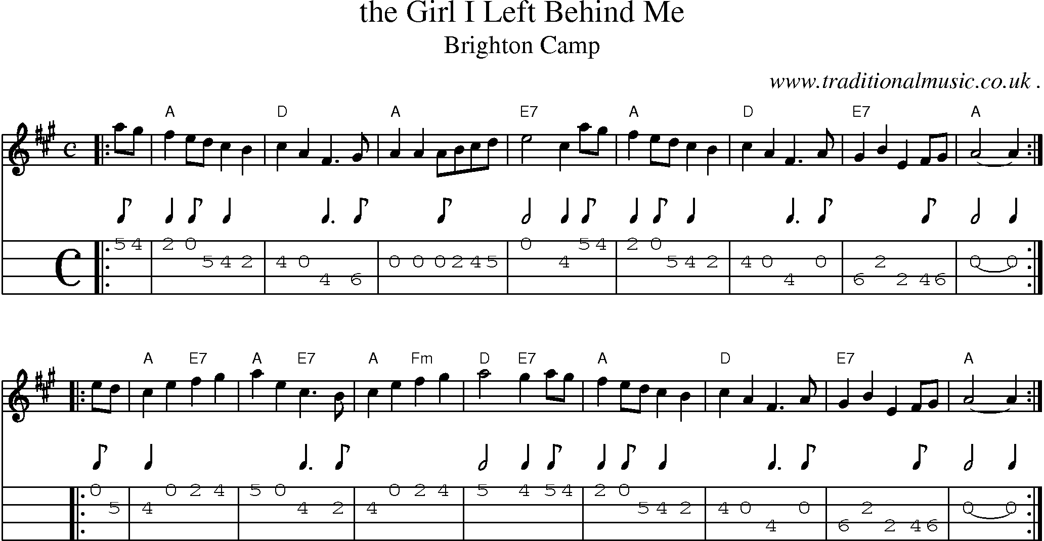 Sheet-Music and Mandolin Tabs for The Girl I Left Behind Me