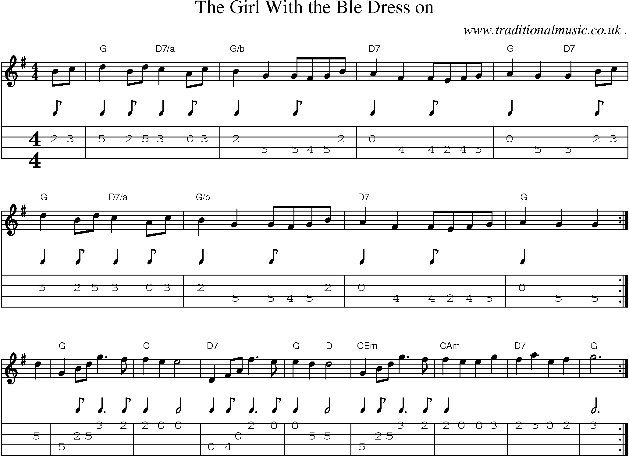 Sheet-Music and Mandolin Tabs for The Girl With The Ble Dress On