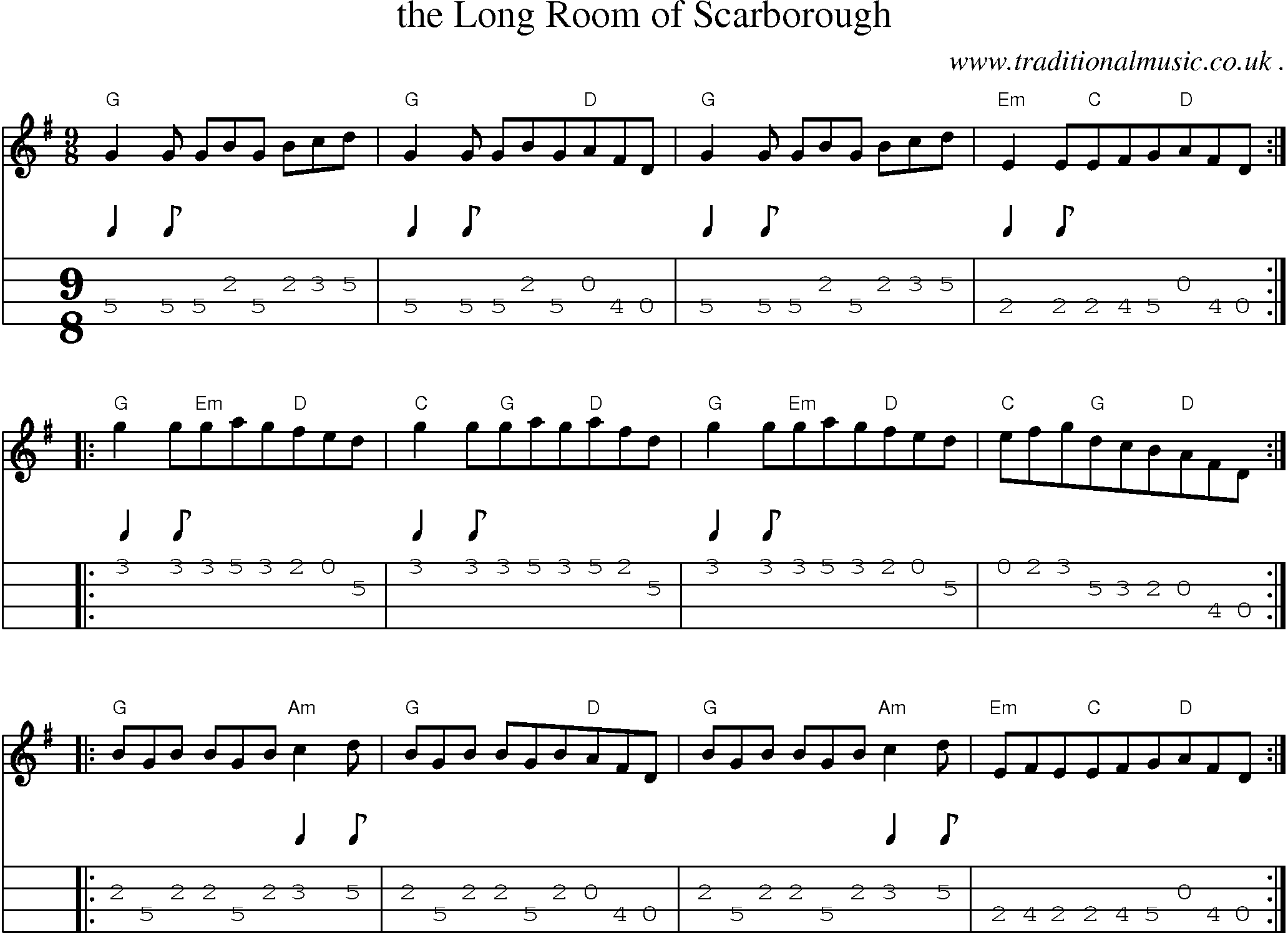 Sheet-Music and Mandolin Tabs for The Long Room Of Scarborough