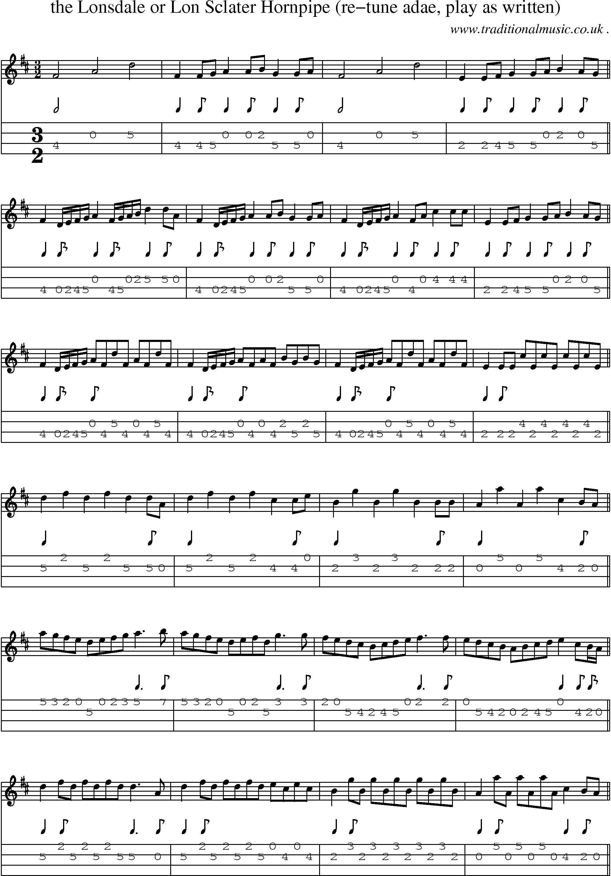 Sheet-Music and Mandolin Tabs for The Lonsdale Or Lon Sclater Hornpipe (re-tune Adae Play As Written)