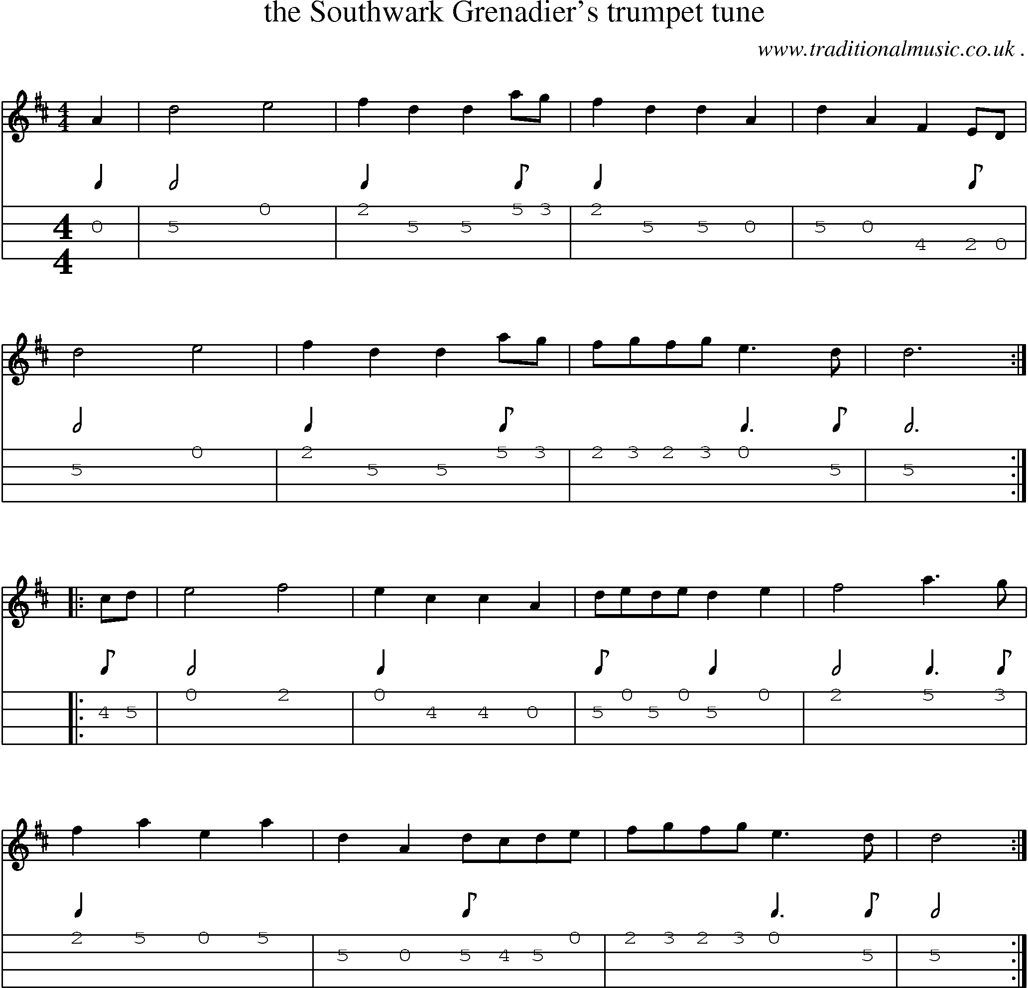 Sheet-Music and Mandolin Tabs for The Southwark Grenadier Trumpet Tune
