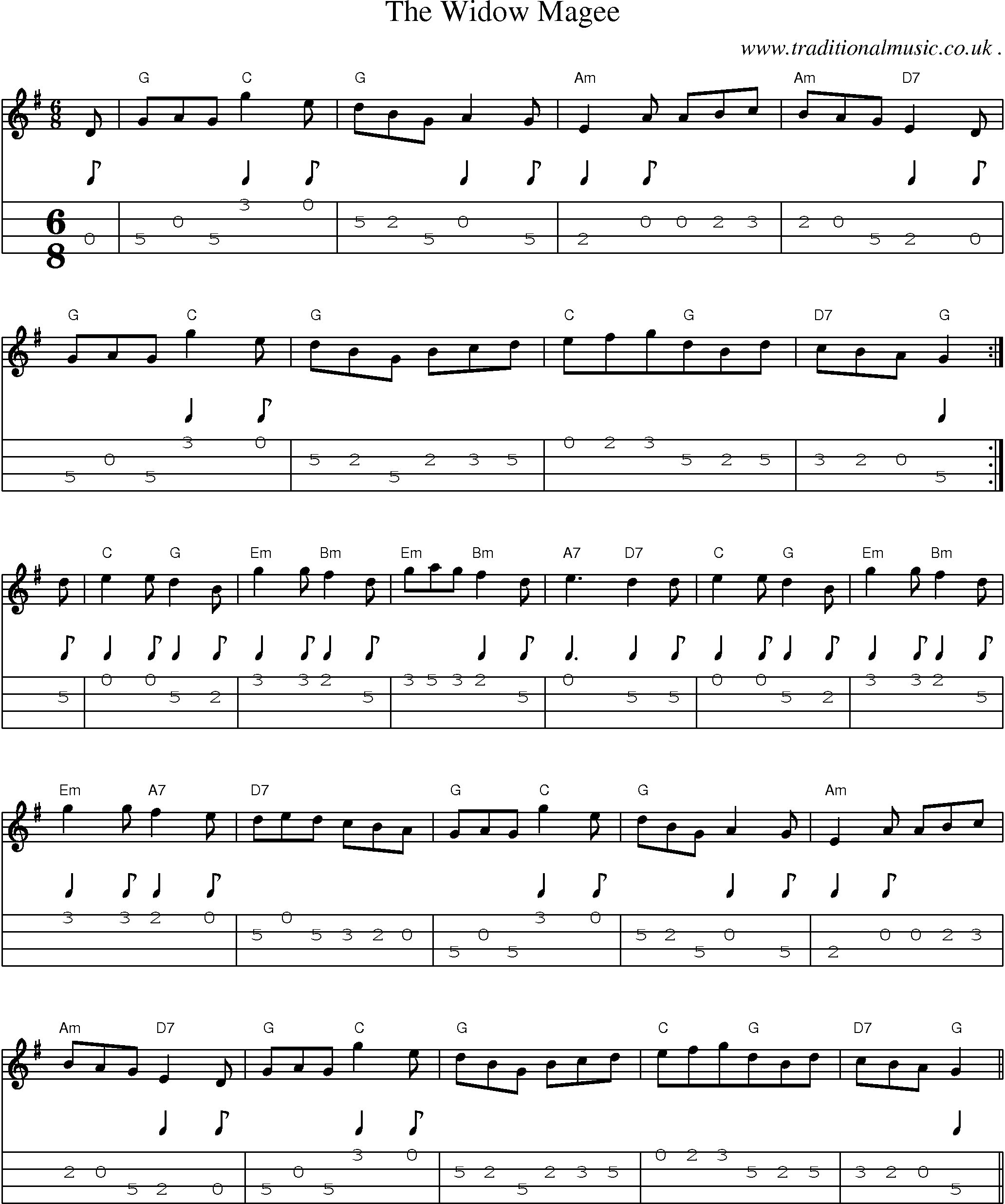 Sheet-Music and Mandolin Tabs for The Widow Magee