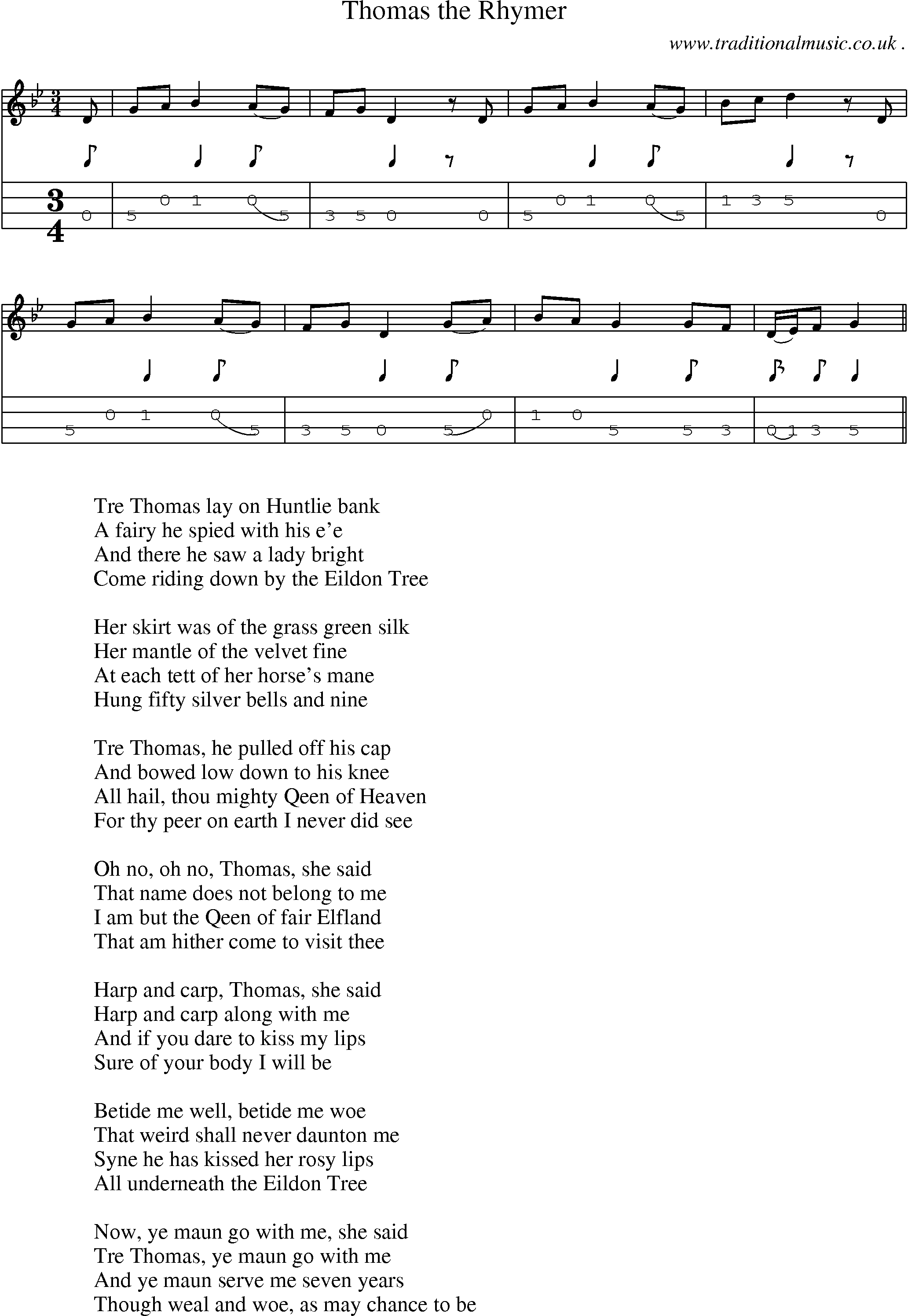 Sheet-Music and Mandolin Tabs for Thomas The Rhymer