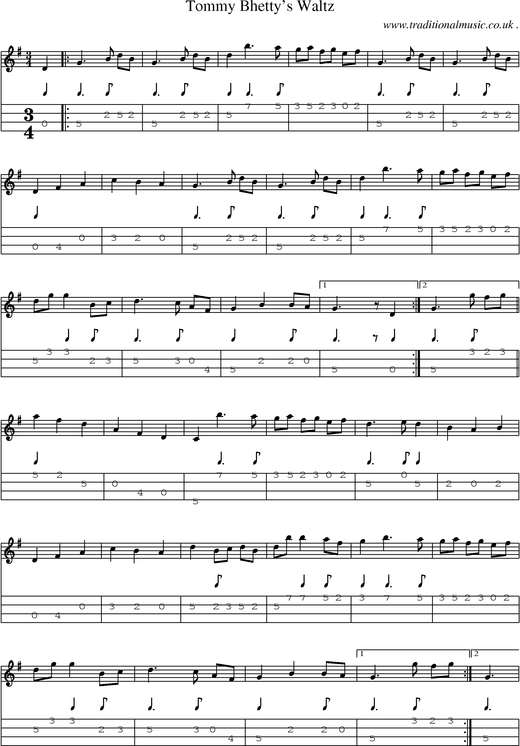 Sheet-Music and Mandolin Tabs for Tommy Bhettys Waltz