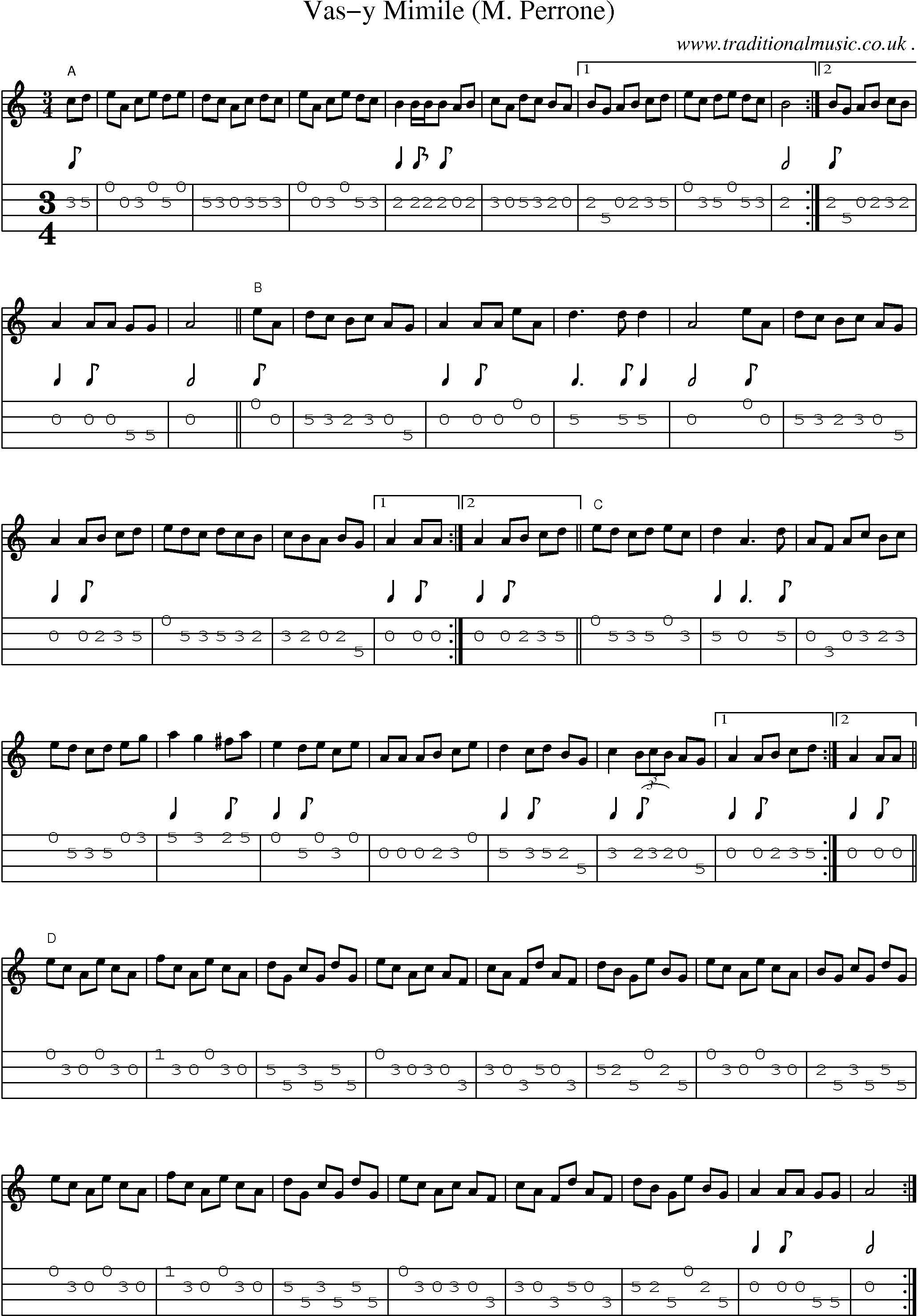 Sheet-Music and Mandolin Tabs for Vas-y Mimile (m Perrone)