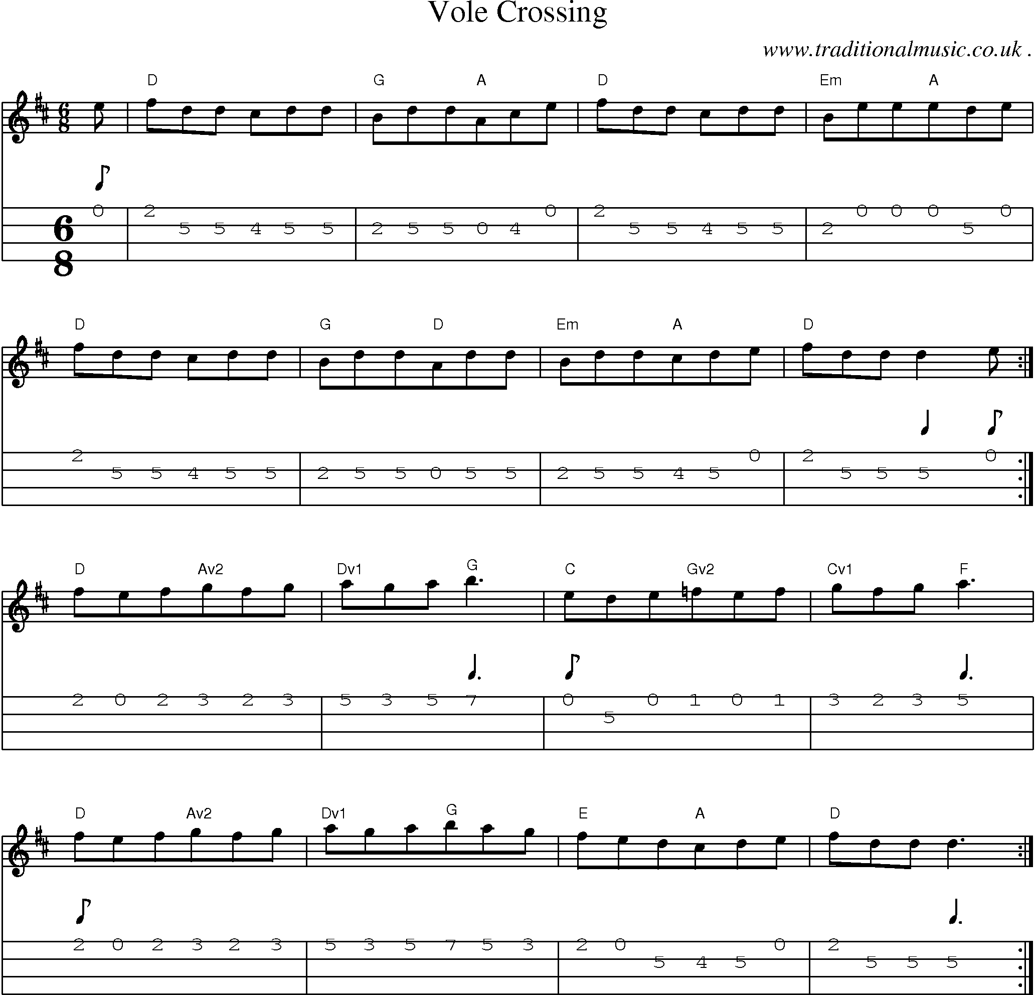 Sheet-Music and Mandolin Tabs for Vole Crossing