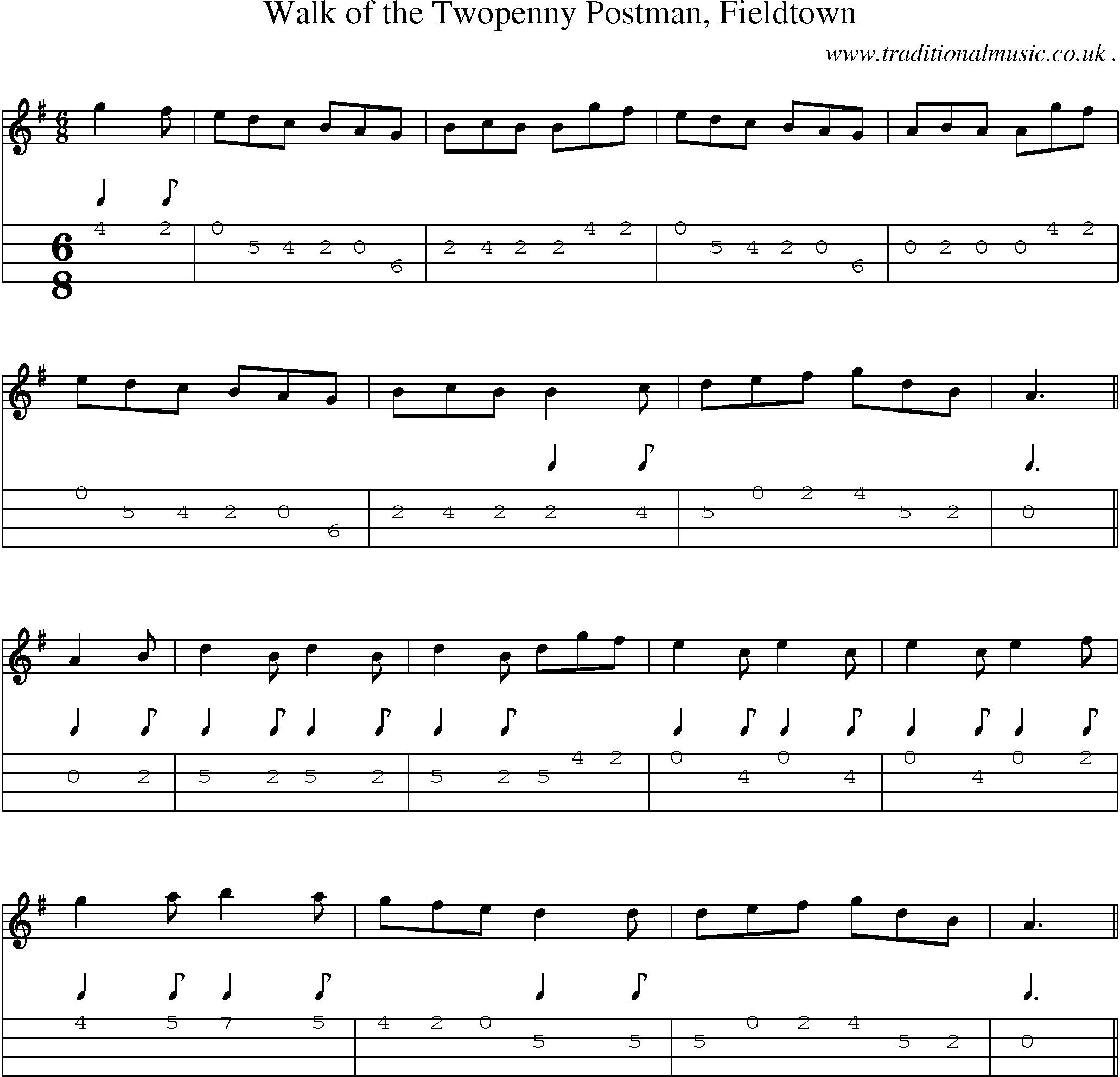 Sheet-Music and Mandolin Tabs for Walk Of The Twopenny Postman Fieldtown