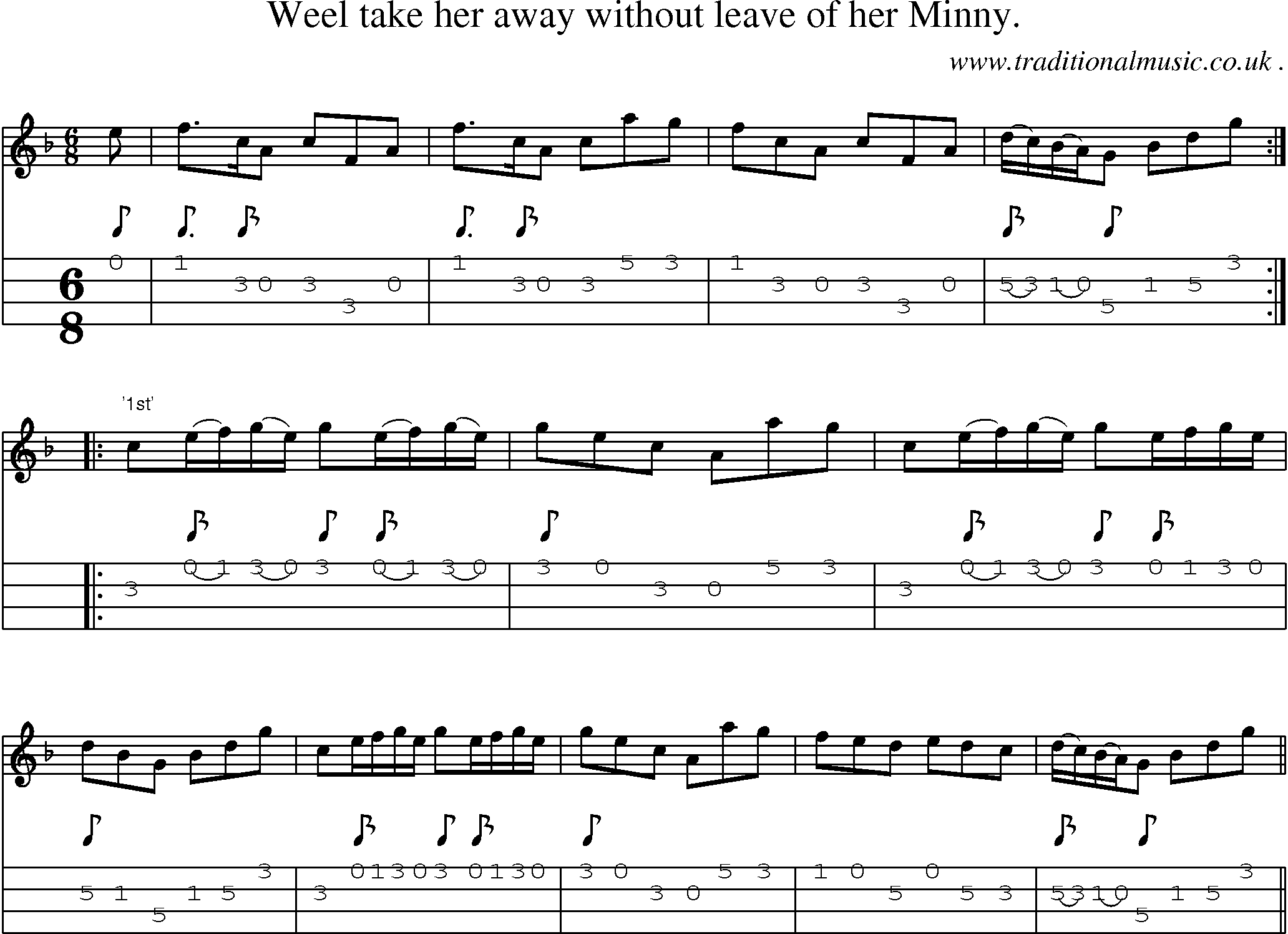 Sheet-Music and Mandolin Tabs for Weel Take Her Away Without Leave Of Her Minny