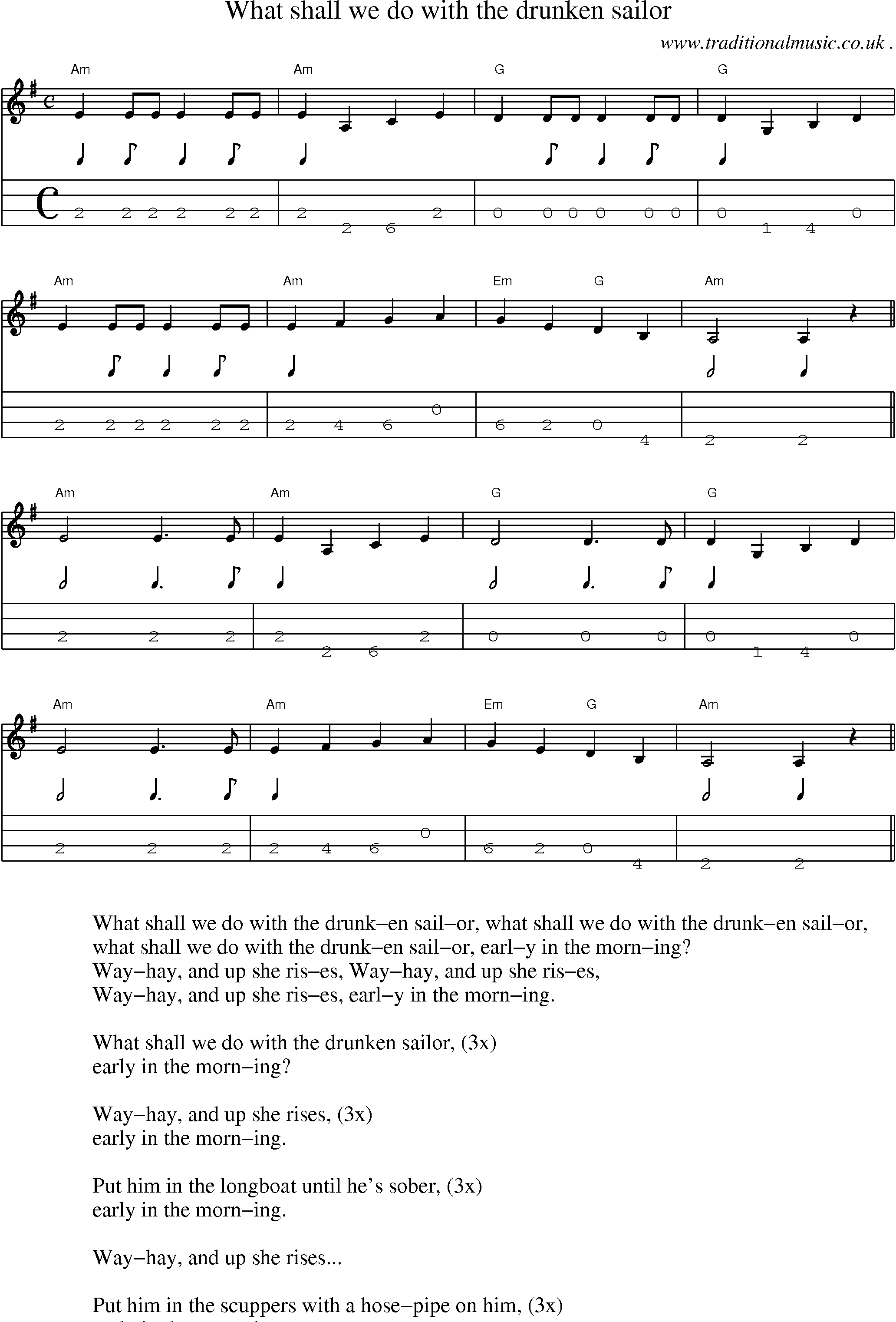 Sheet-Music and Mandolin Tabs for What Shall We Do With The Drunken Sailor