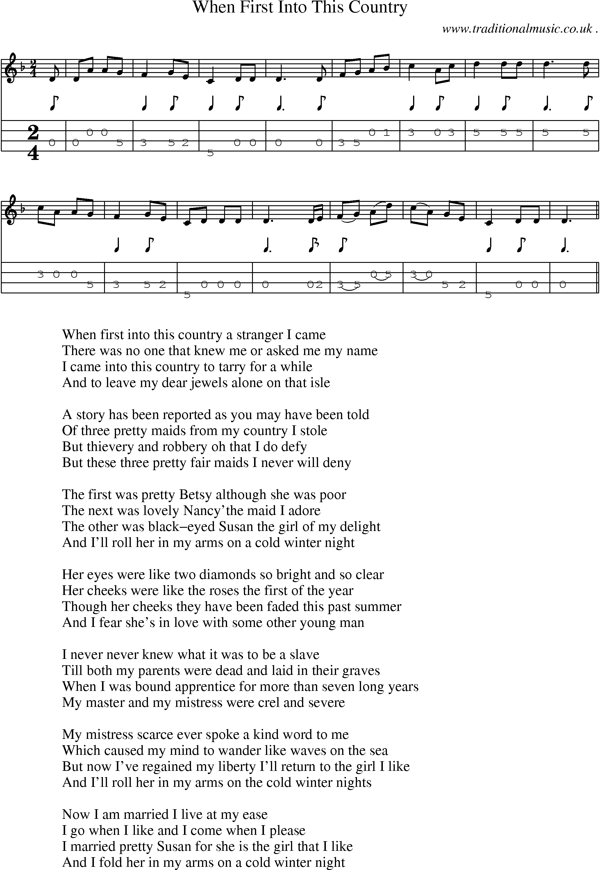 Sheet-Music and Mandolin Tabs for When First Into This Country