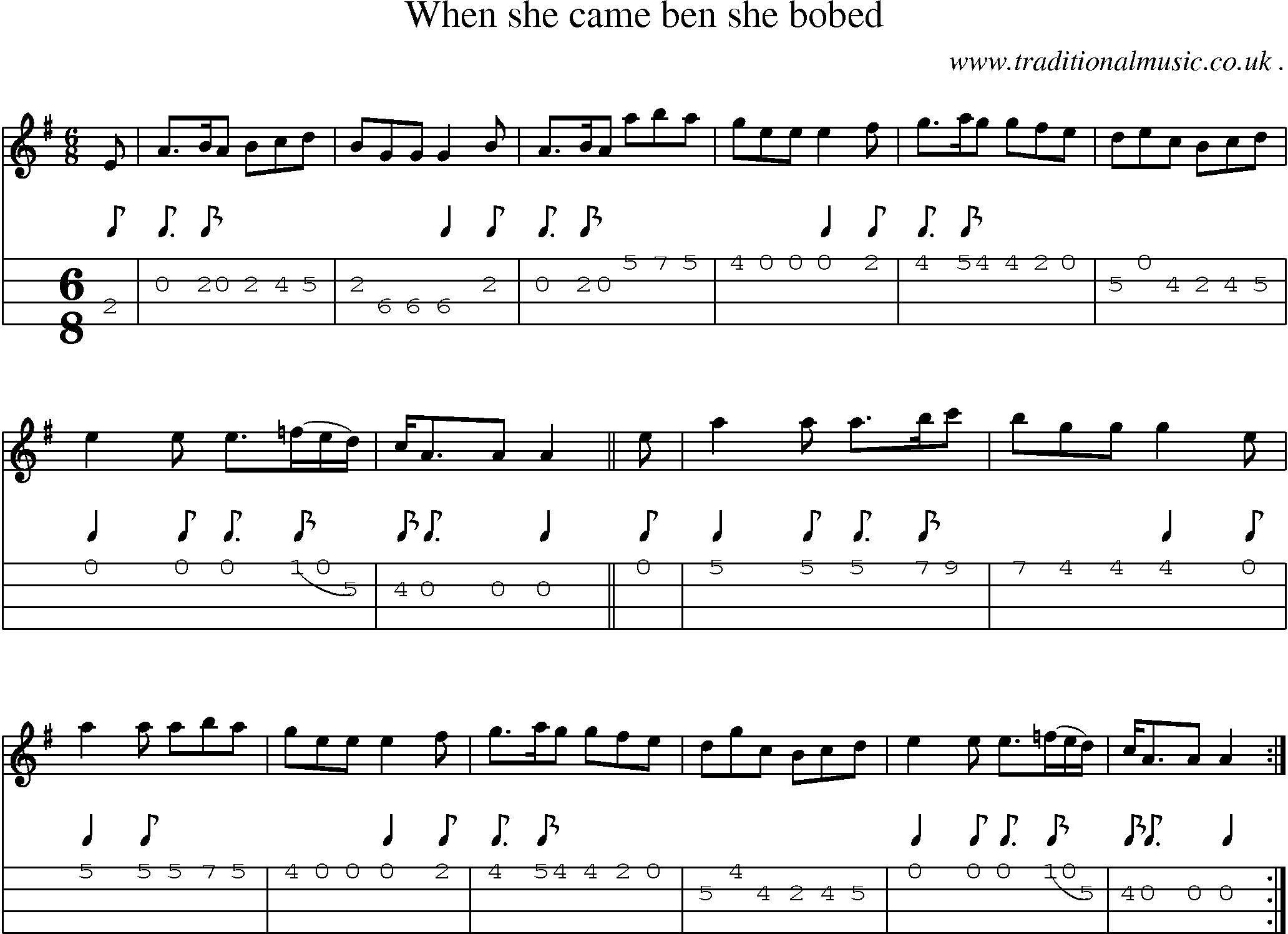 Sheet-Music and Mandolin Tabs for When She Came Ben She Bobed