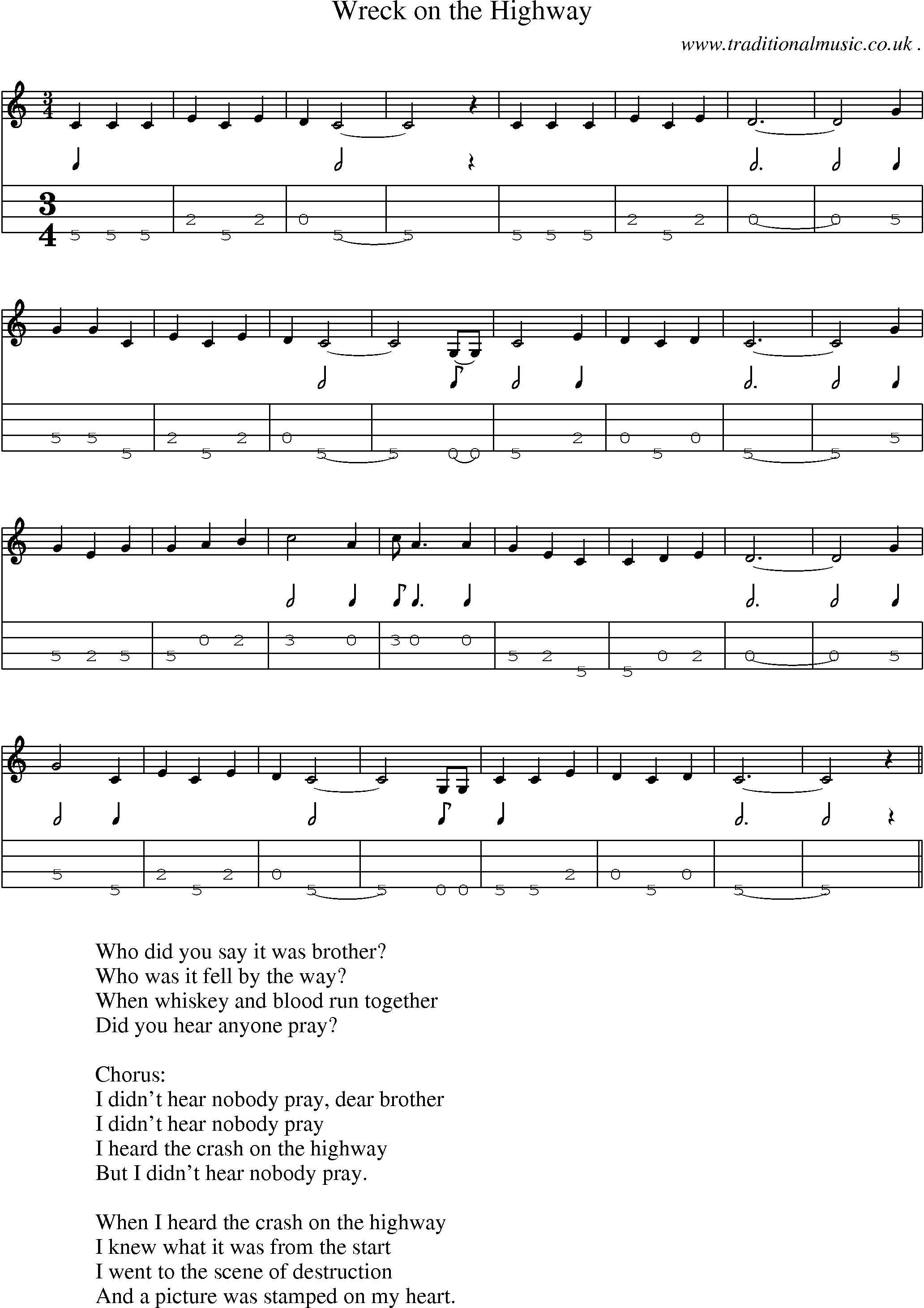 Sheet-Music and Mandolin Tabs for Wreck On The Highway