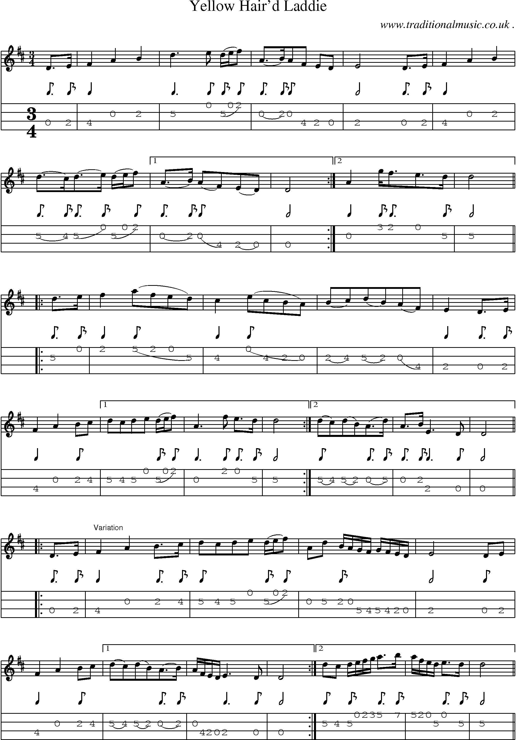 Sheet-Music and Mandolin Tabs for Yellow Haird Laddie