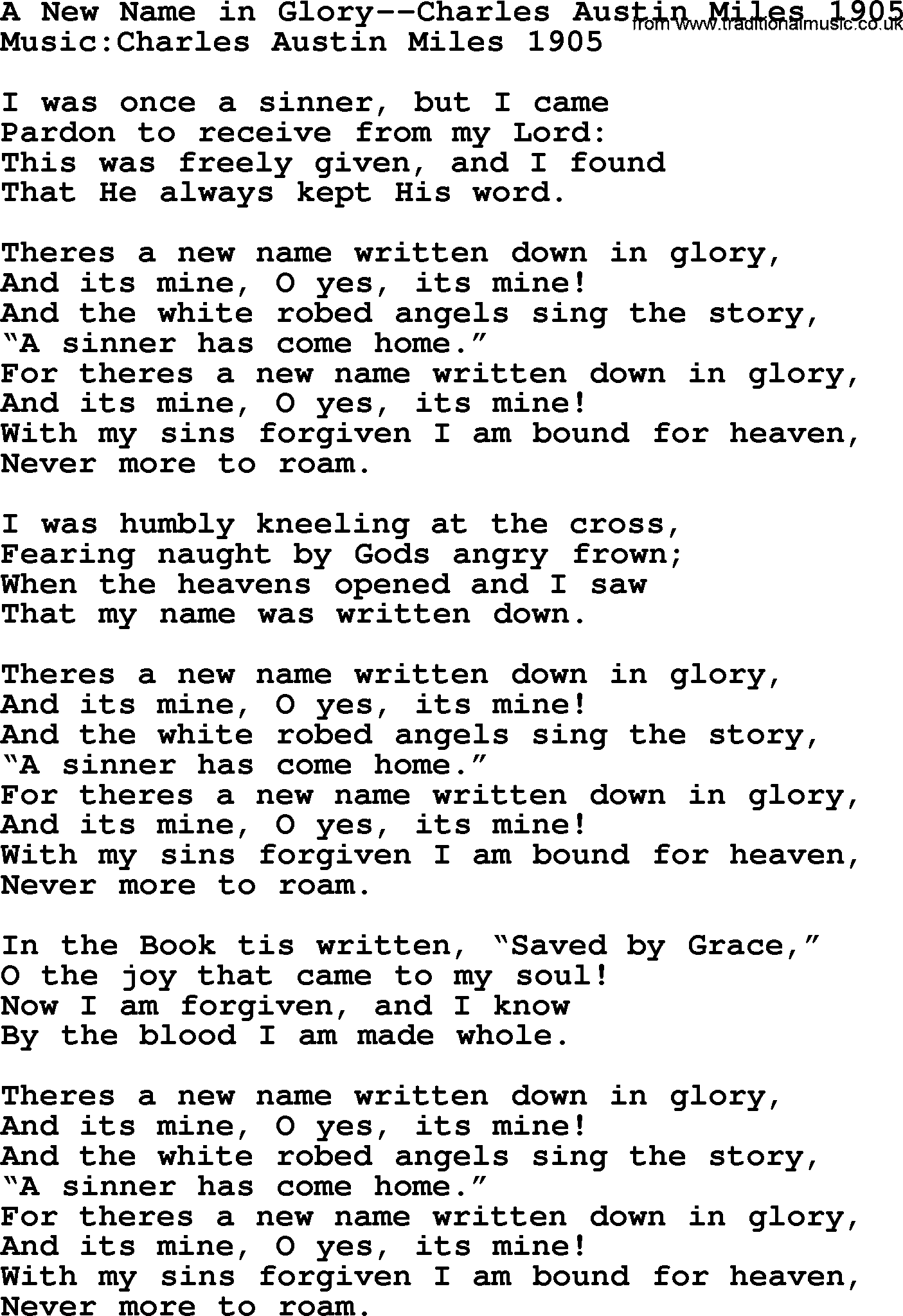 Forgiveness hymns, Hymn: A New Name In Glory-Charles Austin Miles 1905, lyrics with PDF