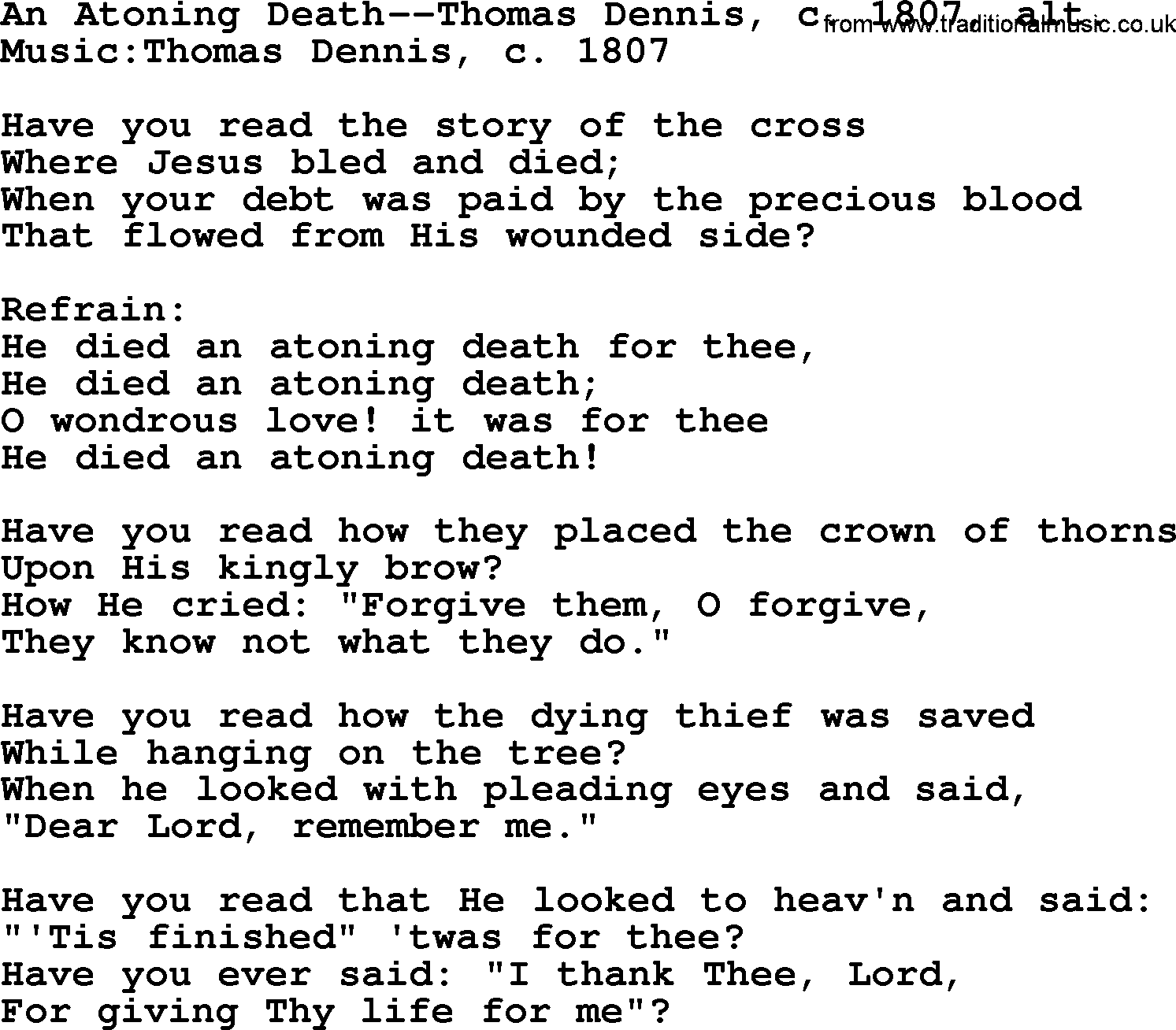 Forgiveness hymns, Hymn: An Atoning Death-Thomas Dennis, lyrics with PDF
