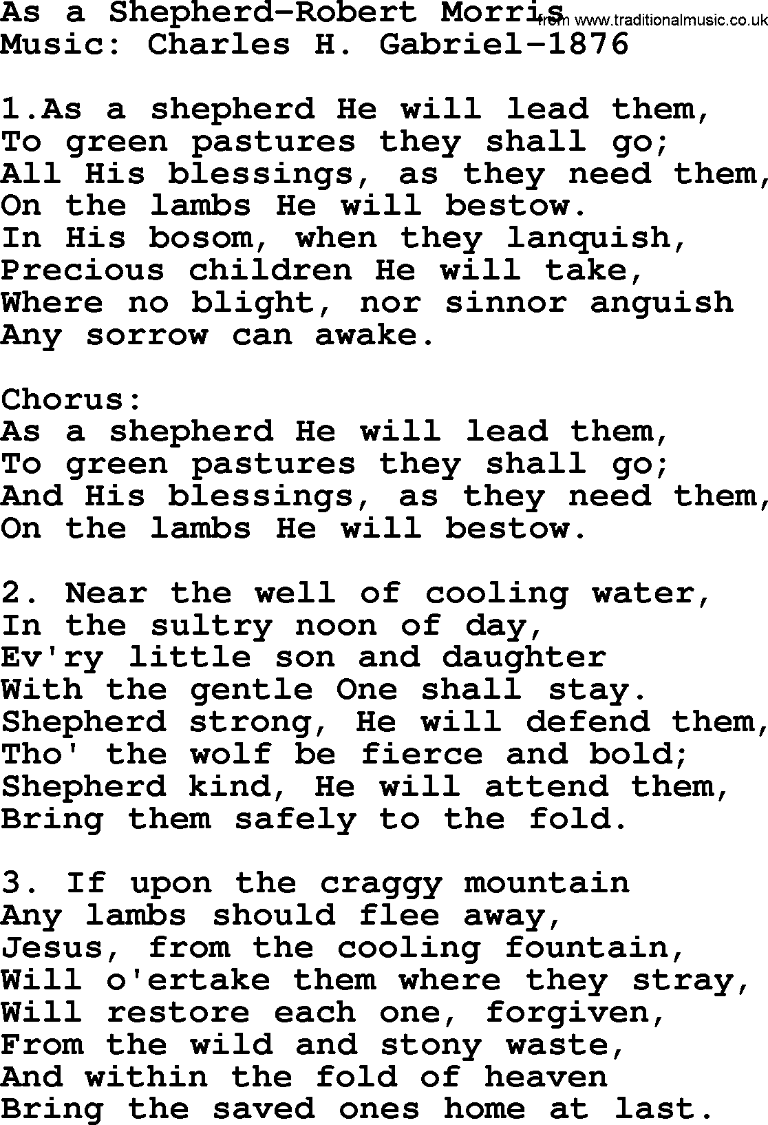 Forgiveness hymns, Hymn: As A Shepherd-Robert Morris, lyrics with PDF