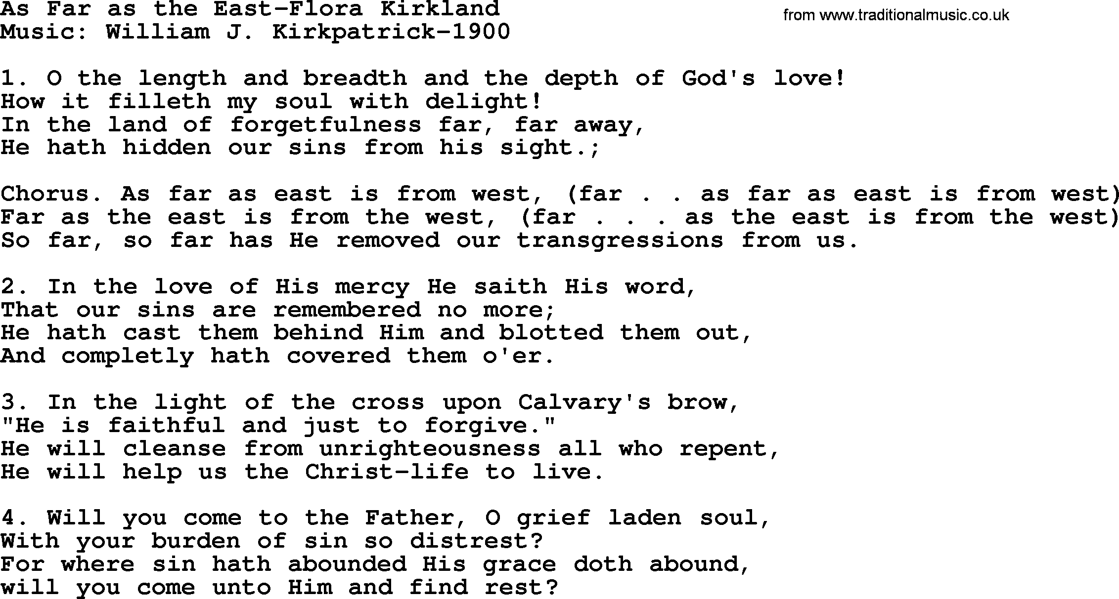Forgiveness hymns, Hymn: As Far As The East-Flora Kirkland, lyrics with PDF