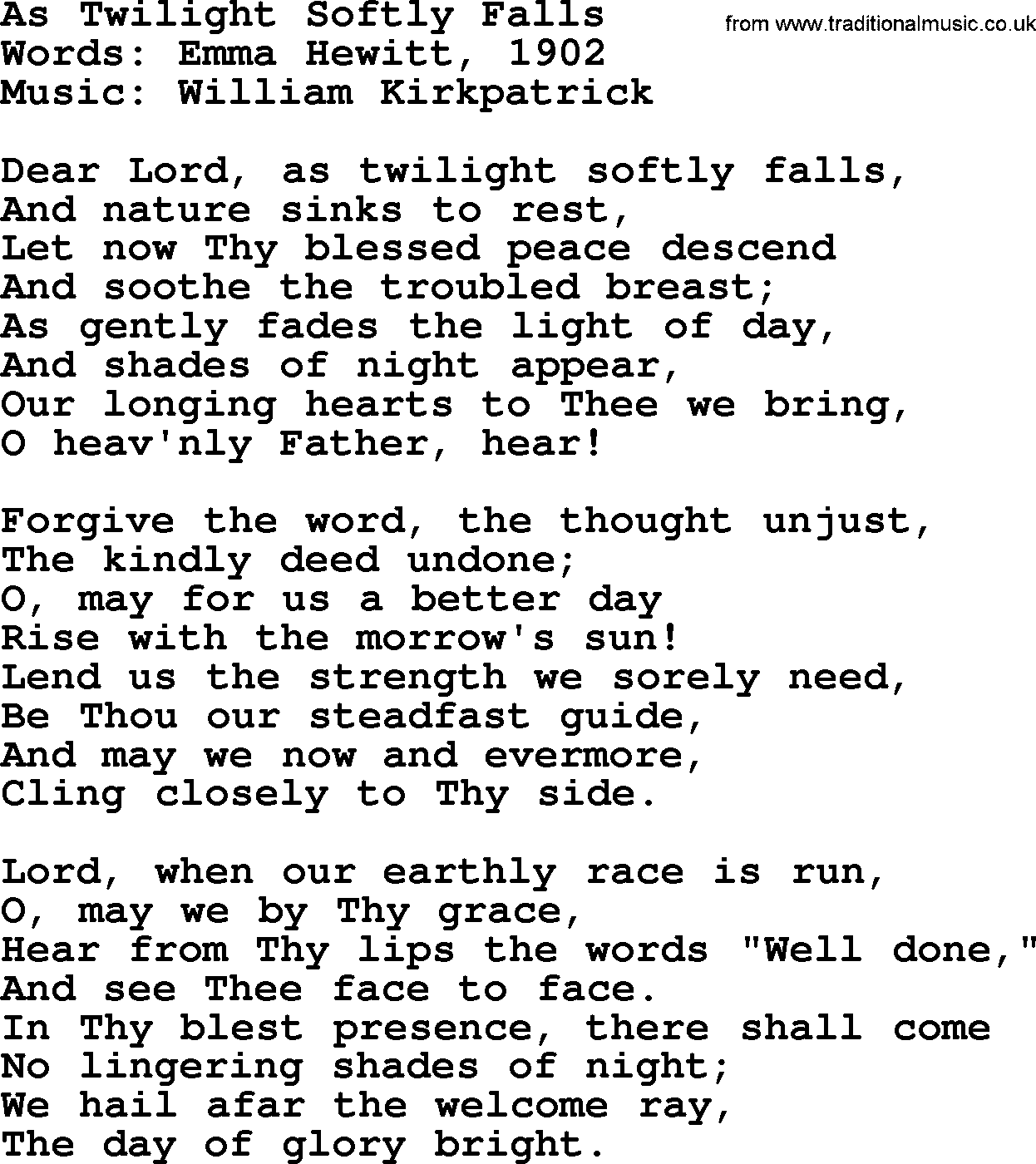 Forgiveness hymns, Hymn: As Twilight Softly Falls, lyrics with PDF