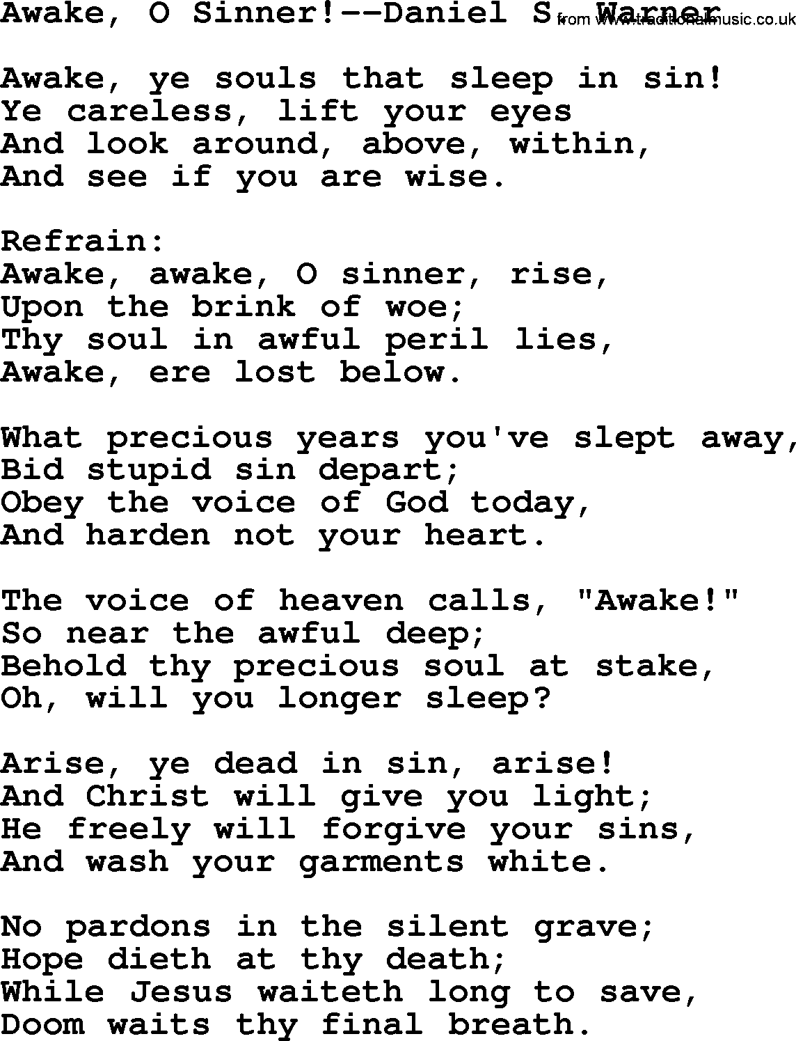 Forgiveness hymns, Hymn: Awake, O Sinner!-Daniel S. Warner, lyrics with PDF