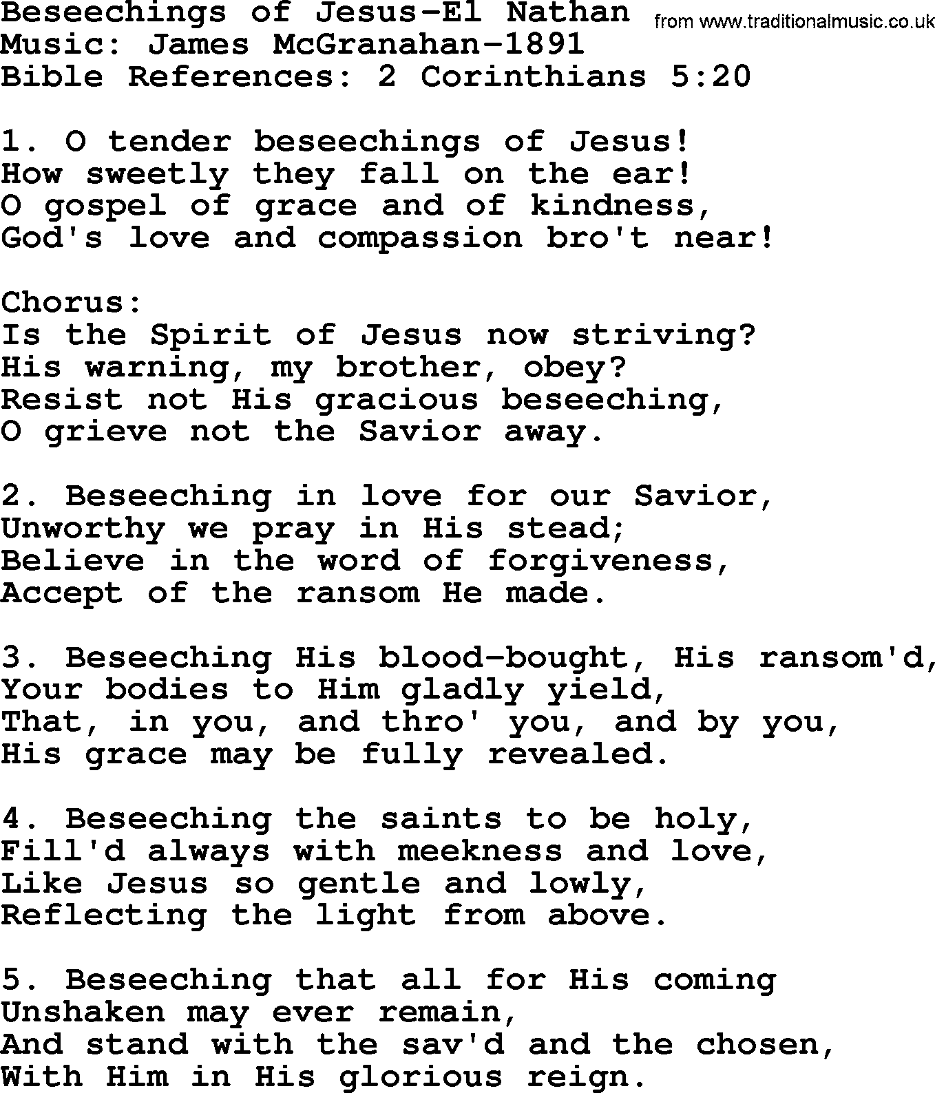 Forgiveness hymns, Hymn: Beseechings Of Jesus-El Nathan, lyrics with PDF