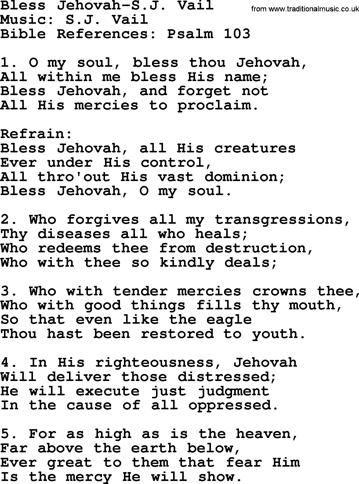 Forgiveness hymns, Hymn: Bless Jehovah-S.J. Vail, lyrics with PDF