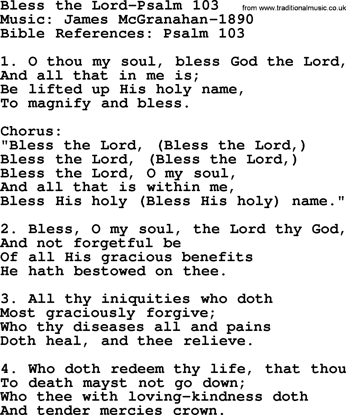 Forgiveness hymns, Hymn: Bless The Lord-Psalm 103, lyrics with PDF