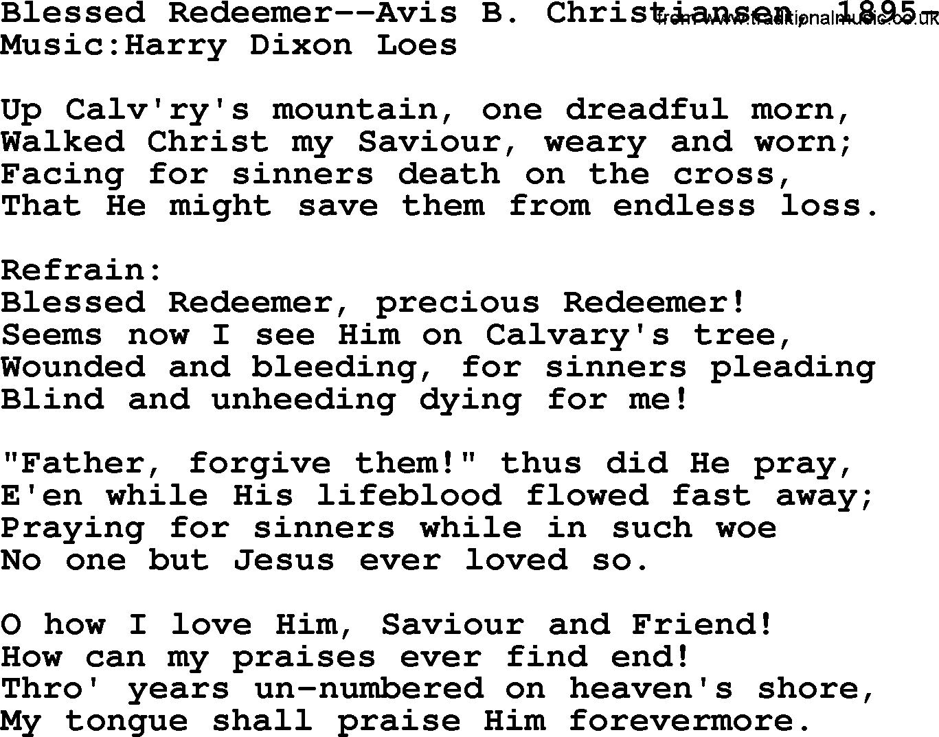 Forgiveness hymns, Hymn: Blessed Redeemer-Avis B Christiansen-, lyrics with PDF