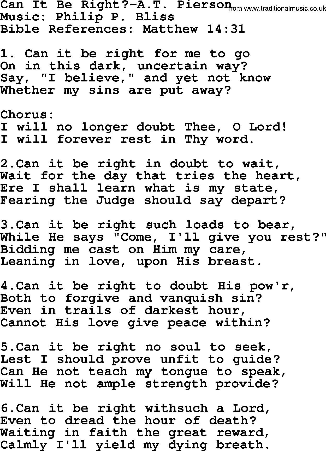 Forgiveness hymns, Hymn: Can It Be Right-A.T. Pierson, lyrics with PDF