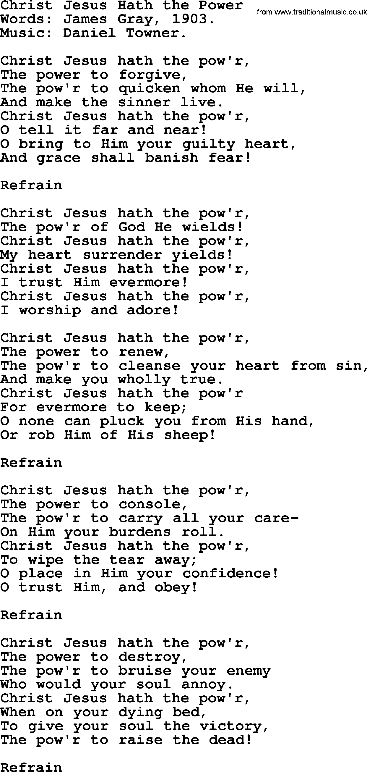 Forgiveness hymns, Hymn: Christ Jesus Hath The Power, lyrics with PDF