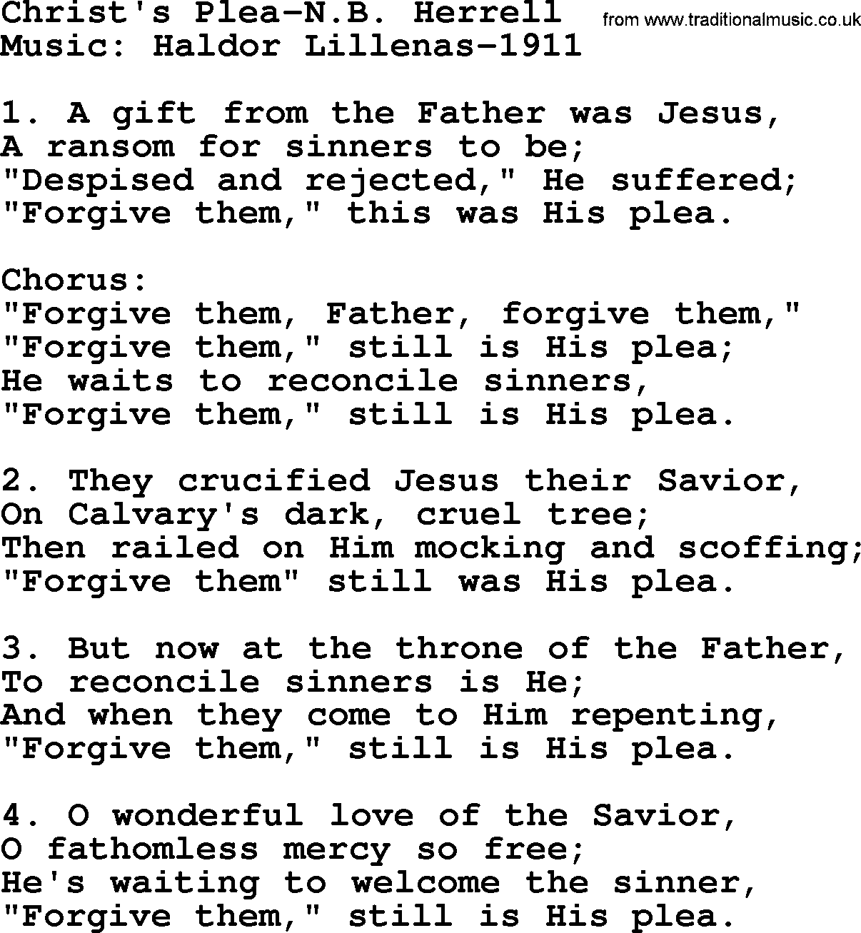 Forgiveness hymns, Hymn: Christ's Plea-N.B. Herrell, lyrics with PDF