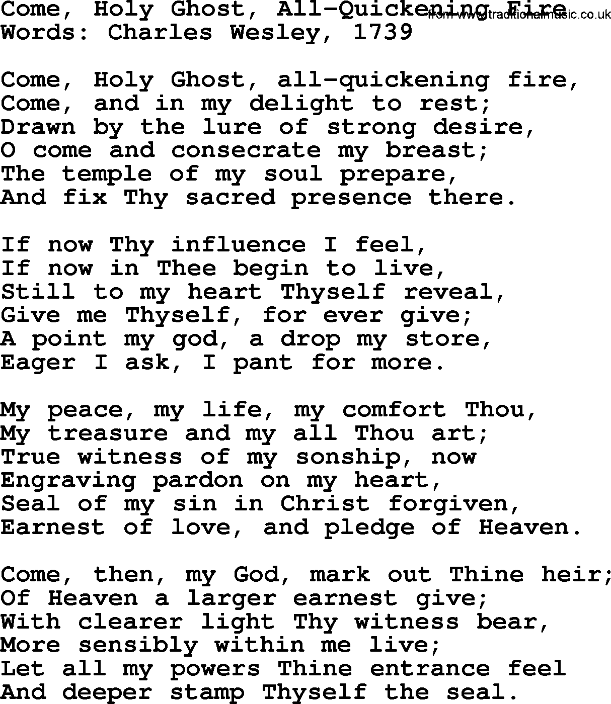 Forgiveness hymns, Hymn: Come, Holy Ghost, All-Quickening Fire, lyrics with PDF