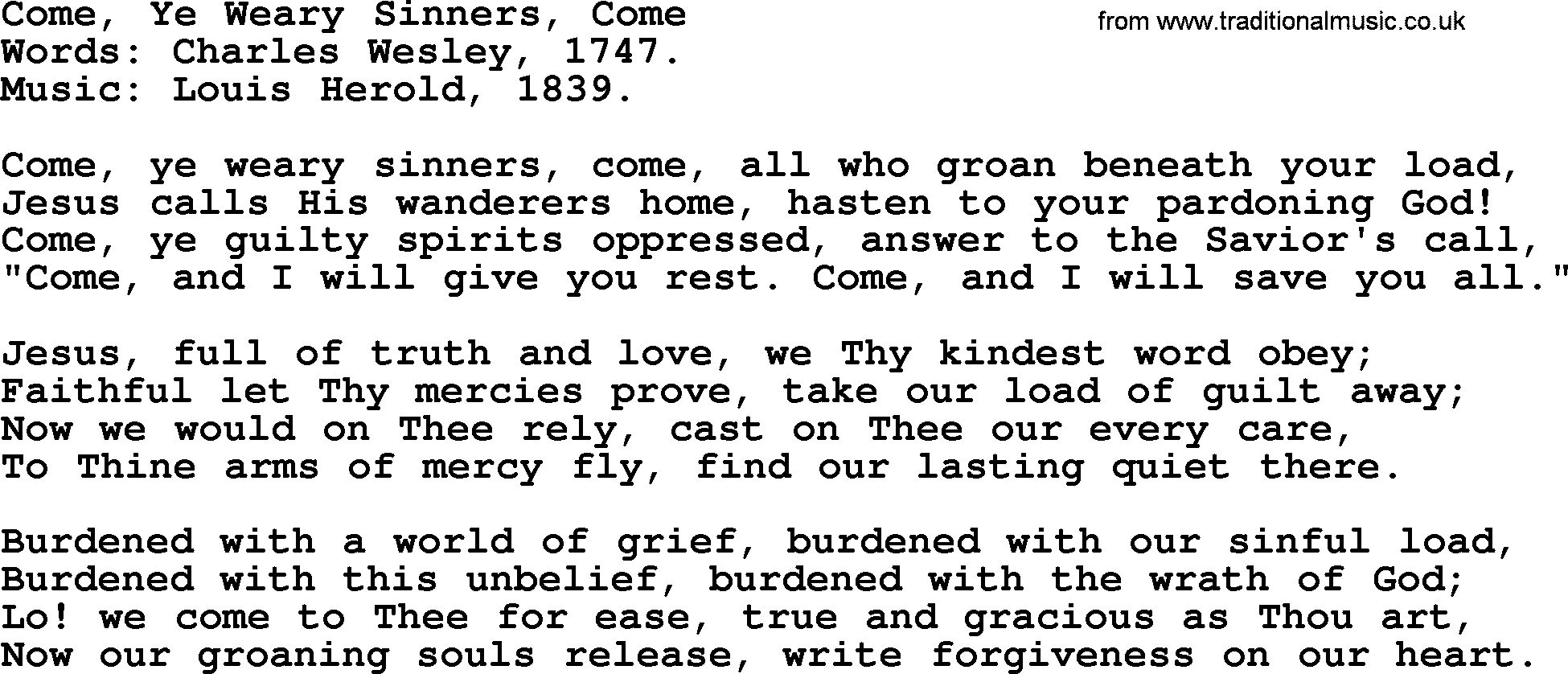 Forgiveness hymns, Hymn: Come, Ye Weary Sinners, Come, lyrics with PDF