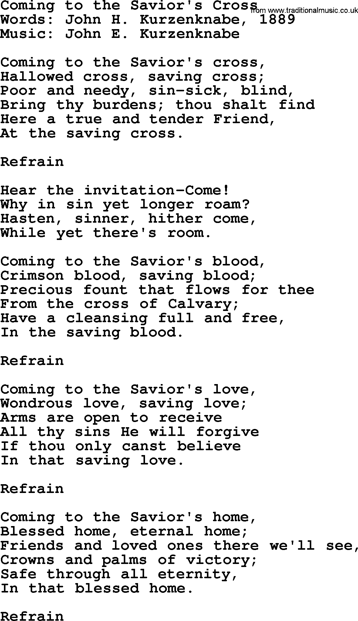 Forgiveness hymns, Hymn: Coming To The Savior's Cross, lyrics with PDF