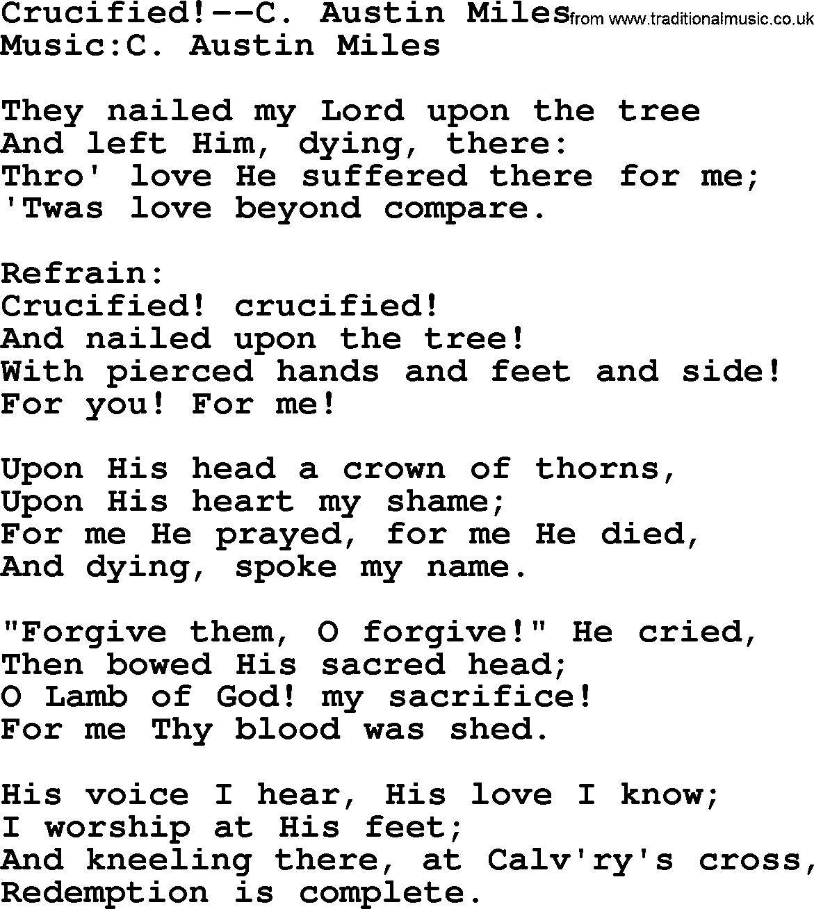 Forgiveness hymns, Hymn: Crucified!-C Austin Miles, lyrics with PDF