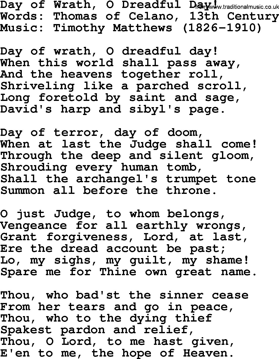 Forgiveness hymns, Hymn: Day Of Wrath, O Dreadful Day!, lyrics with PDF