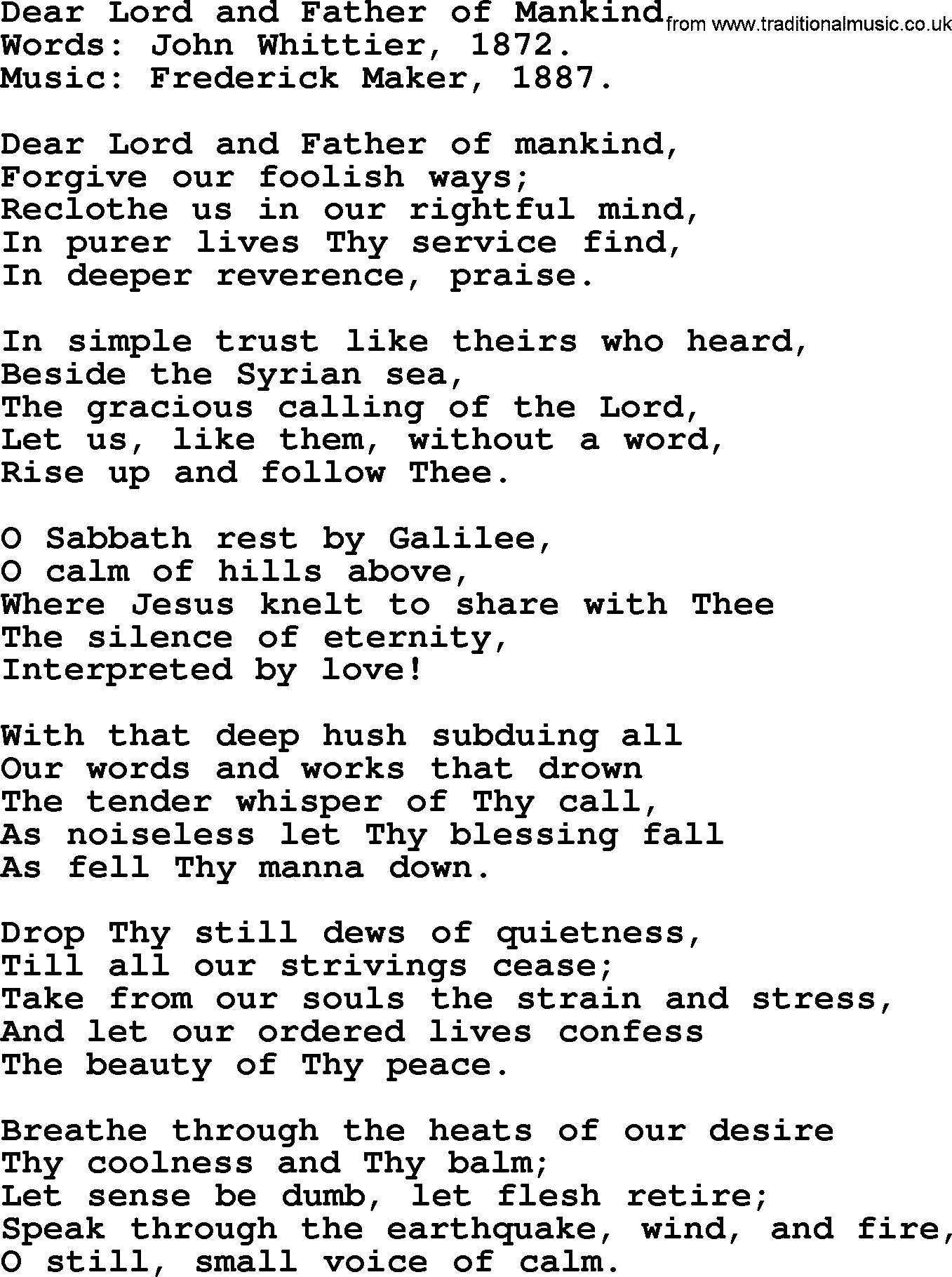 Forgiveness hymns, Hymn: Dear Lord And Father Of Mankind, lyrics with PDF