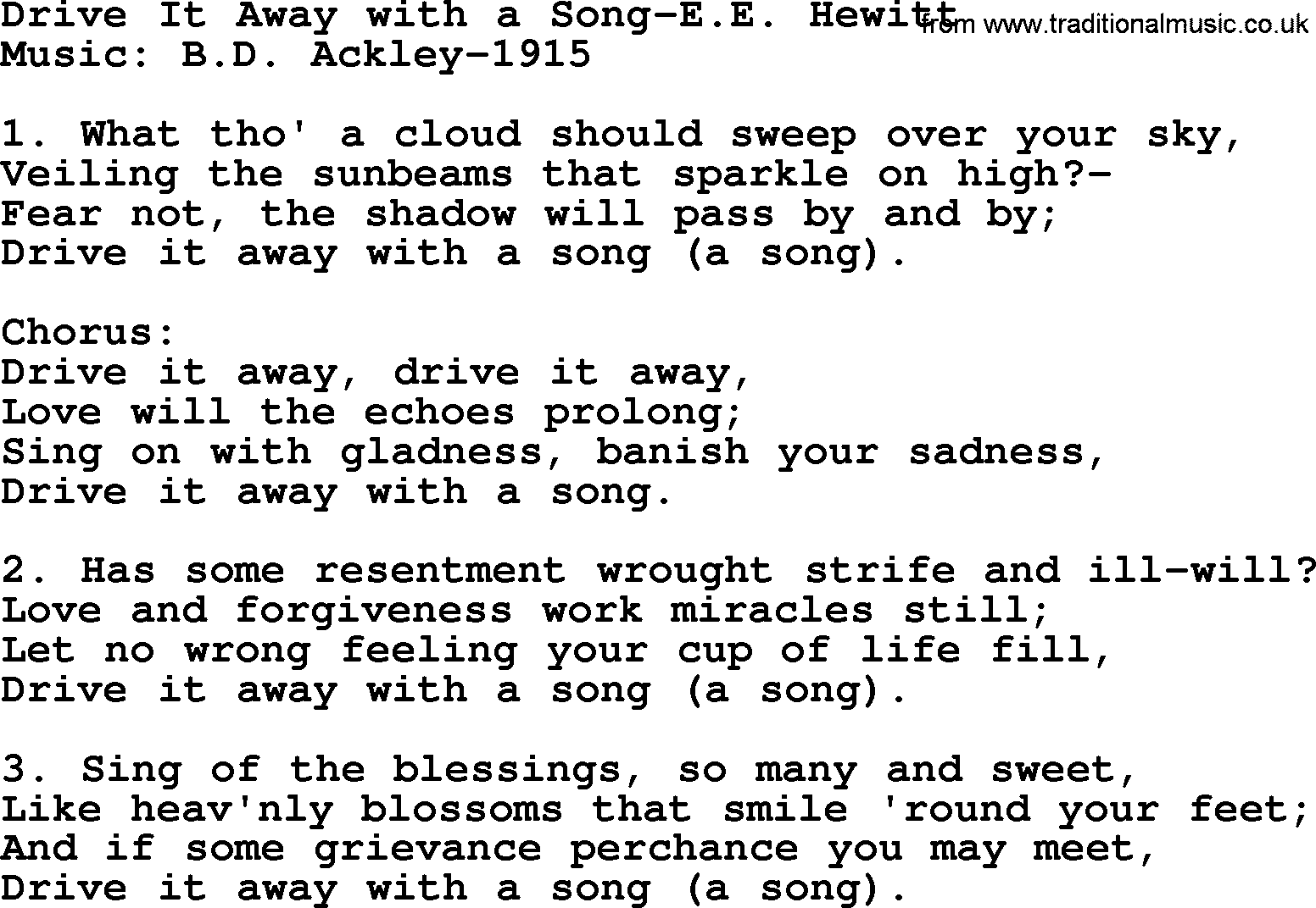 Forgiveness hymns, Hymn: Drive It Away With A Song-E.E. Hewitt, lyrics with PDF