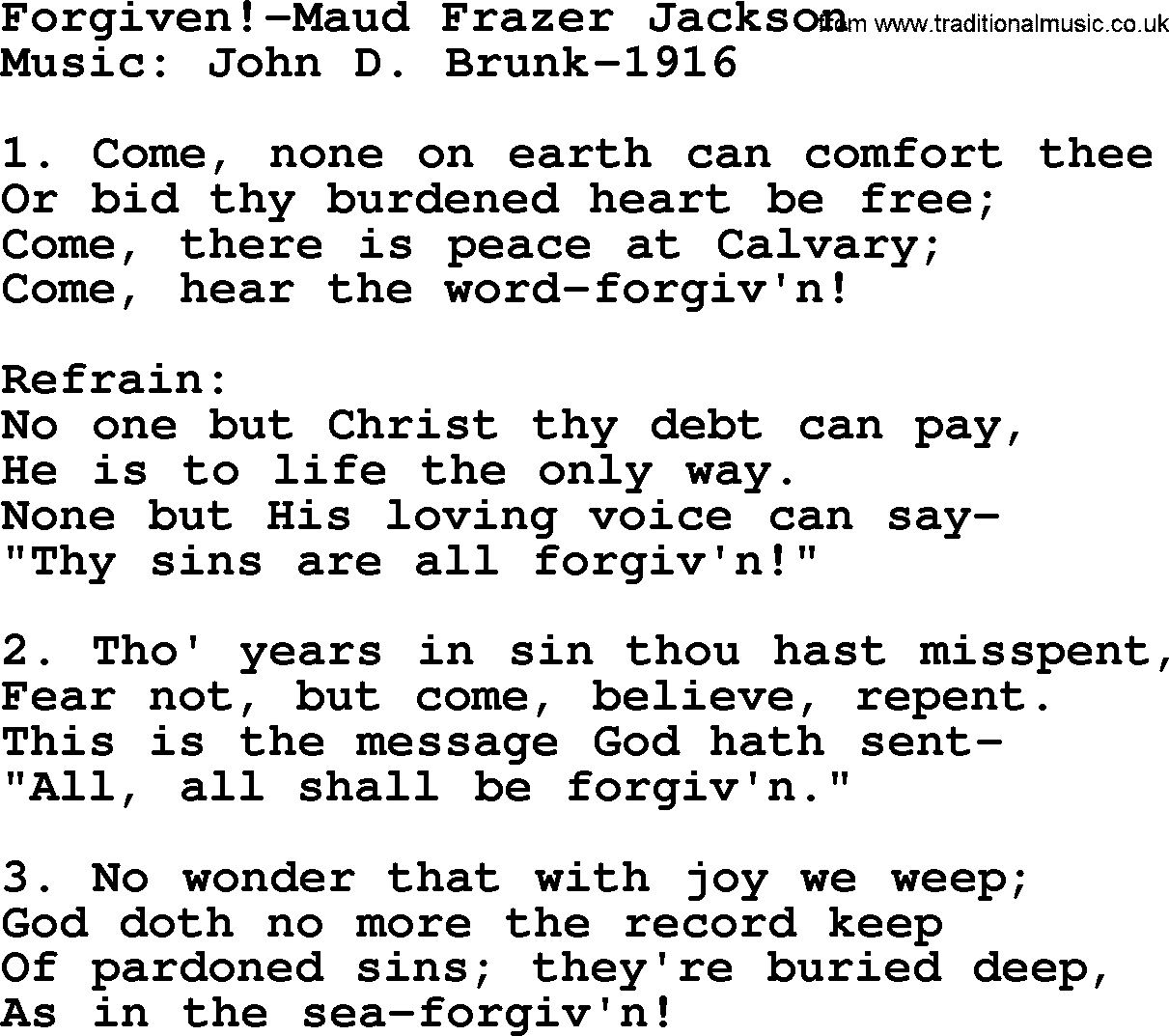 Forgiveness hymns, Hymn: Forgiven!-Maud Frazer Jackson, lyrics with PDF