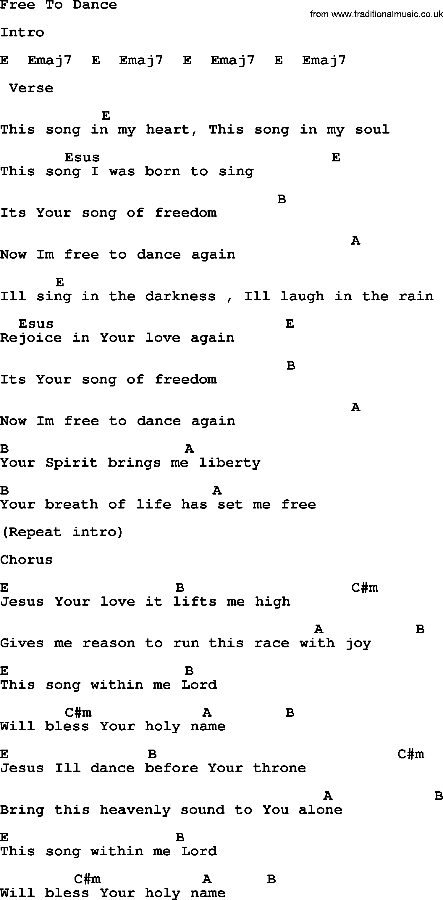 Forgiveness hymns, Hymn: Free To Dance, lyrics chords and PDF