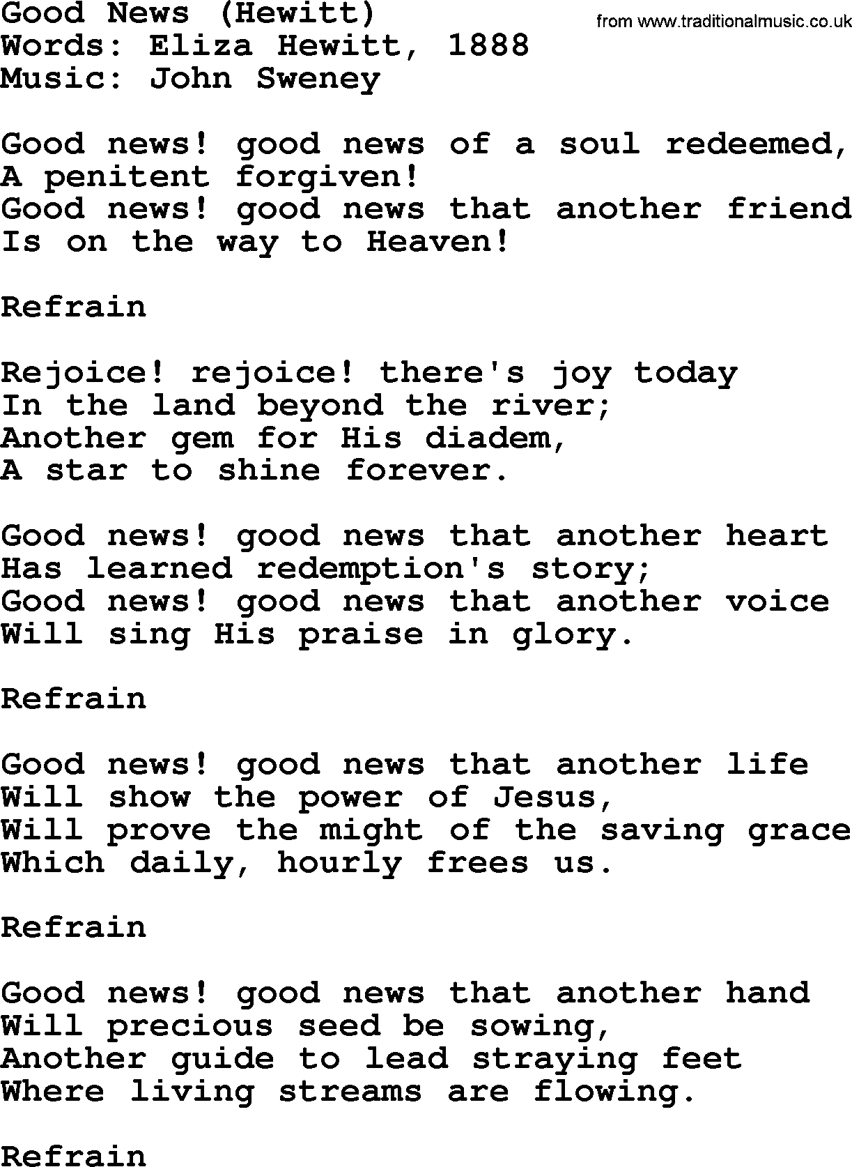 Forgiveness hymns, Hymn: Good News (Hewitt), lyrics with PDF
