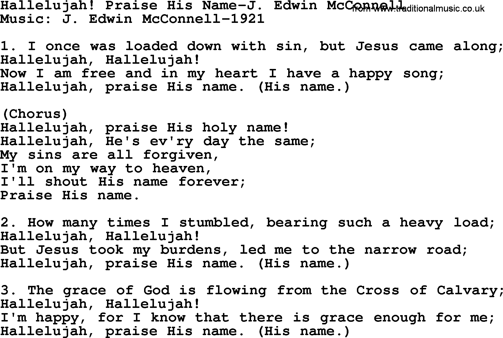 Forgiveness hymns, Hymn: Hallelujah! Praise His Name-J. Edwin Mcconnell, lyrics with PDF
